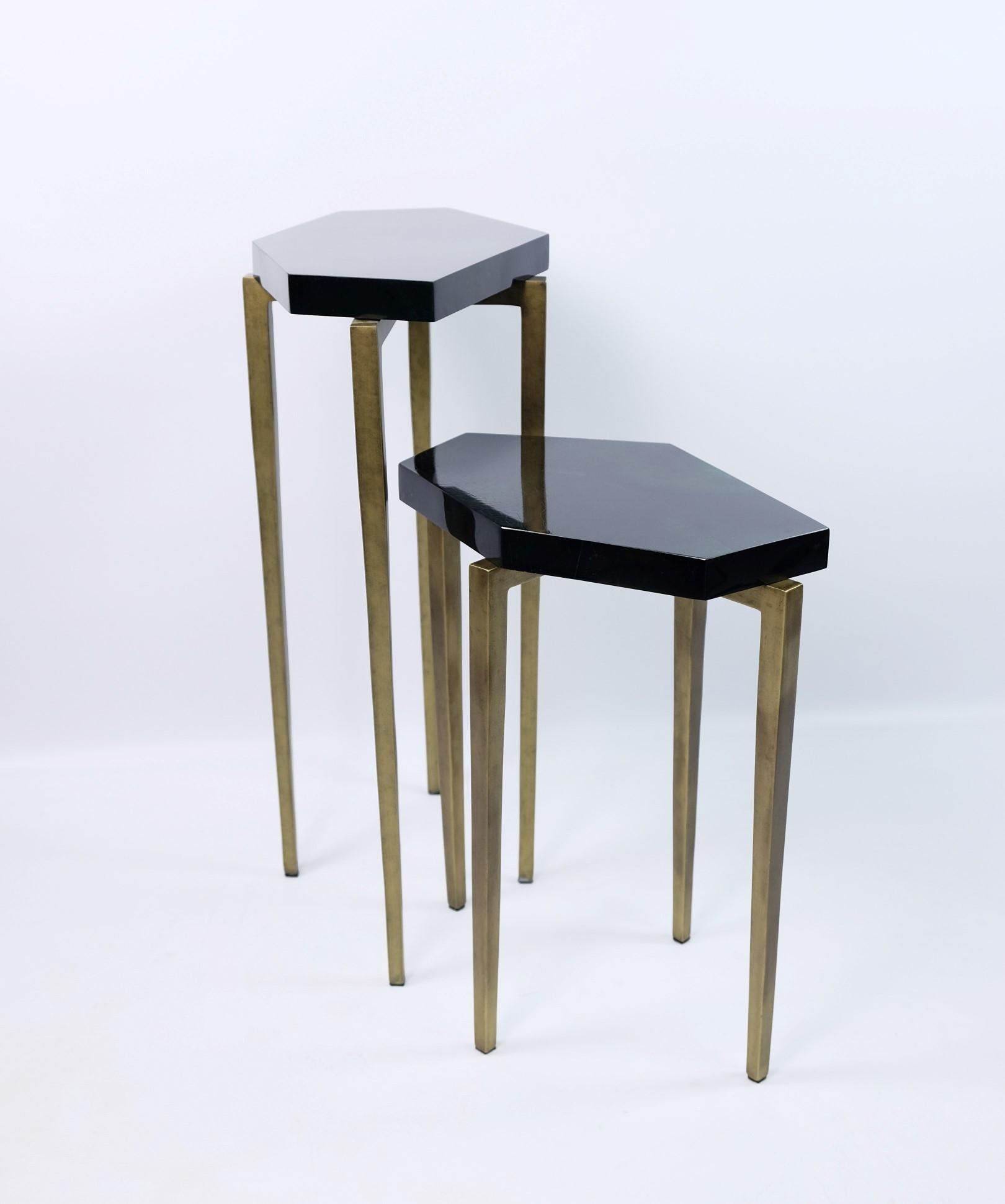 French Polygonal Nesting Tables in Green Marquetry and Old Brass Patina by Ginger Brown