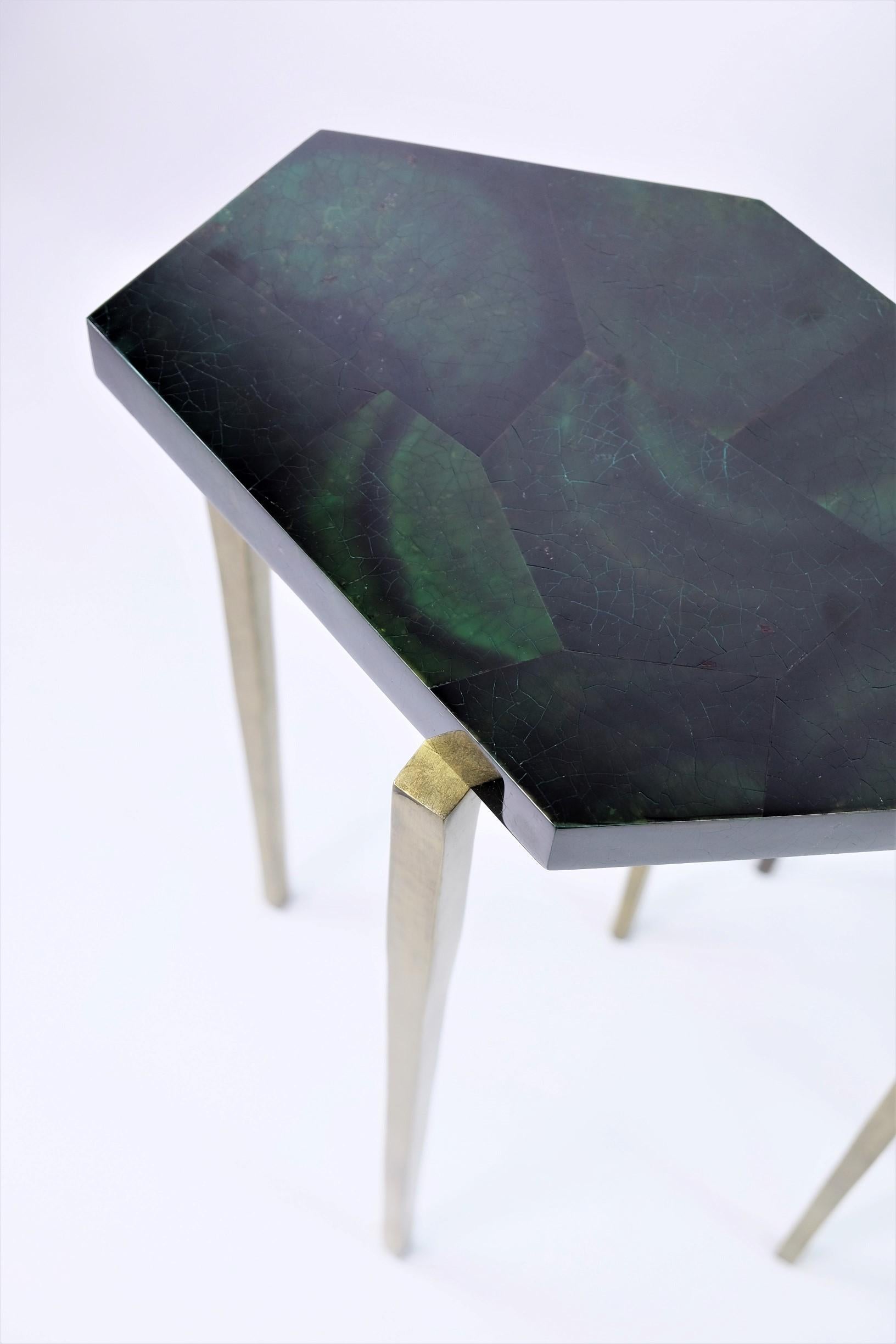 Contemporary Polygonal Nesting Tables in Green Marquetry and Old Brass Patina by Ginger Brown