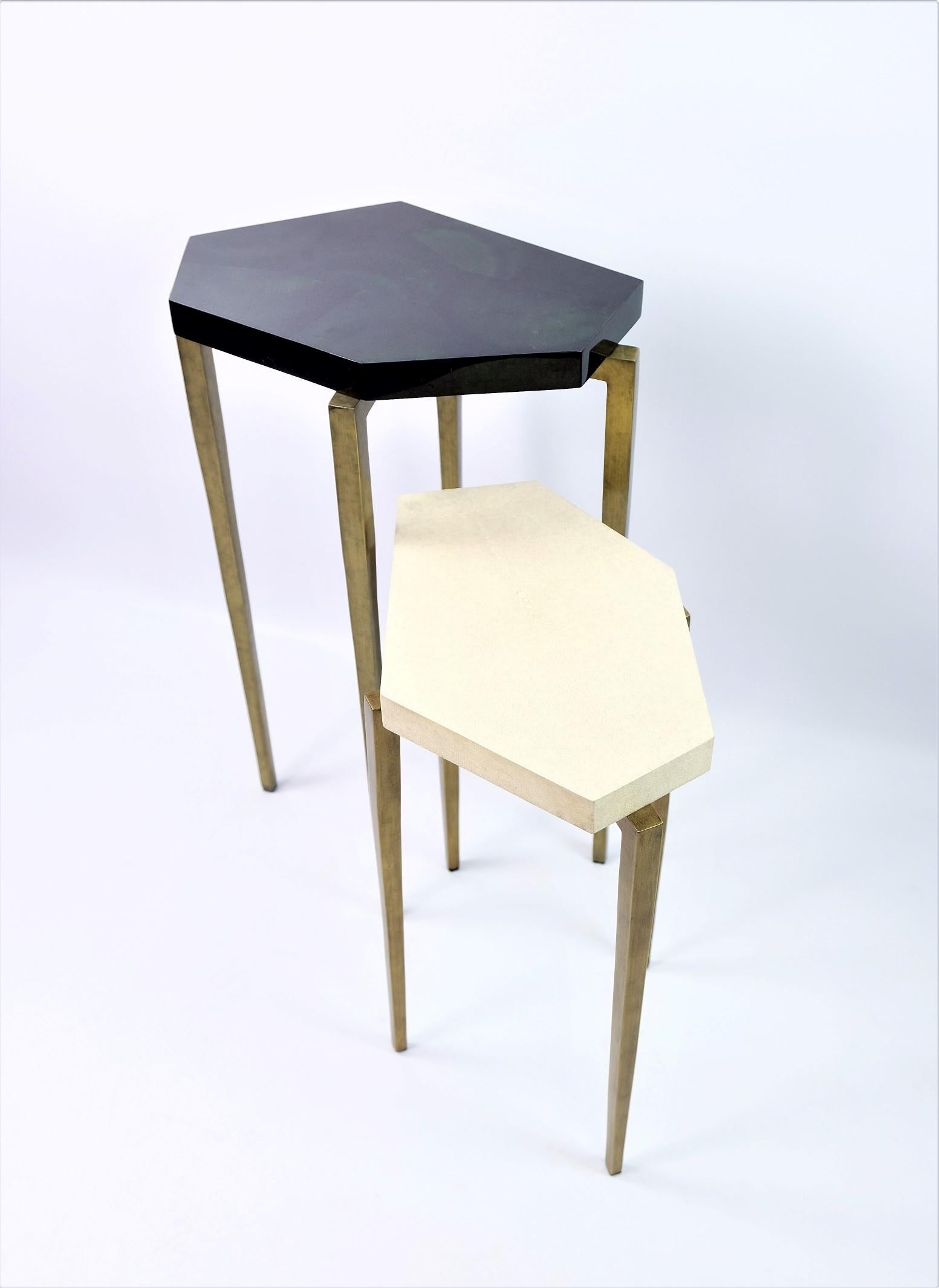 Polygonal Nesting Tables in Green Marquetry and Old Brass Patina by Ginger Brown 3