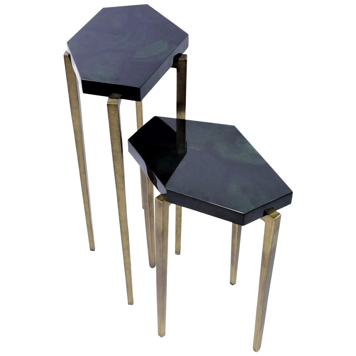 Polygonal Nesting Tables in Green Marquetry and Old Brass Patina by Ginger Brown For Sale