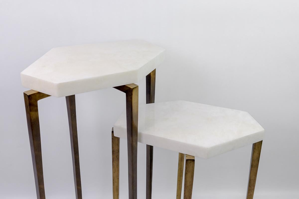 Futurist Polygonal Nesting Tables in Rock Crystal and Old Brass Patina by Ginger Brown For Sale