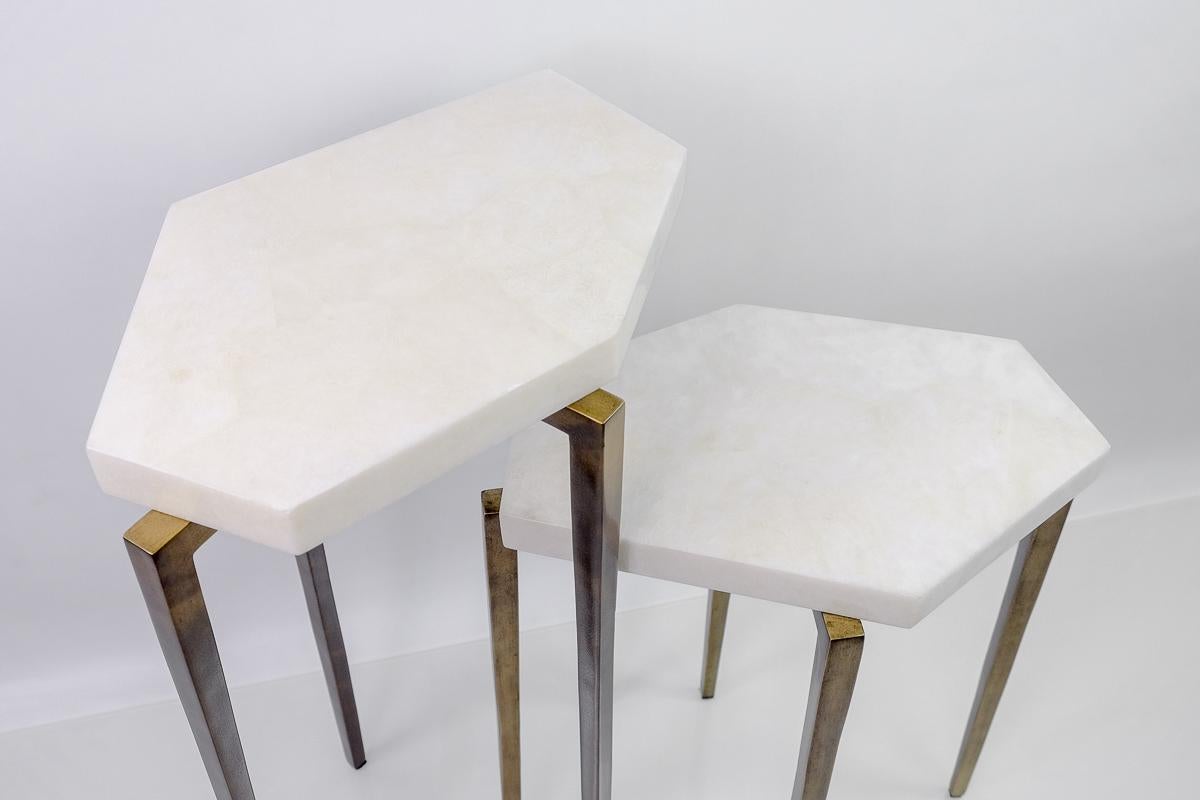 French Polygonal Nesting Tables in Rock Crystal and Old Brass Patina by Ginger Brown For Sale