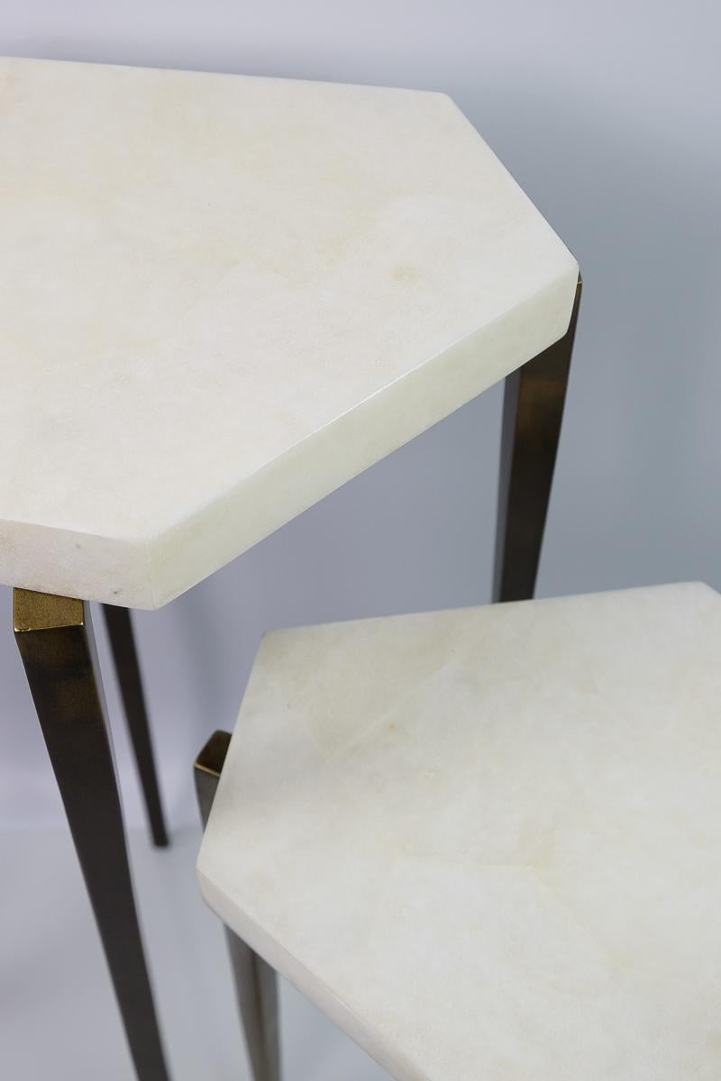 Contemporary Polygonal Nesting Tables in Rock Crystal and Old Brass Patina by Ginger Brown