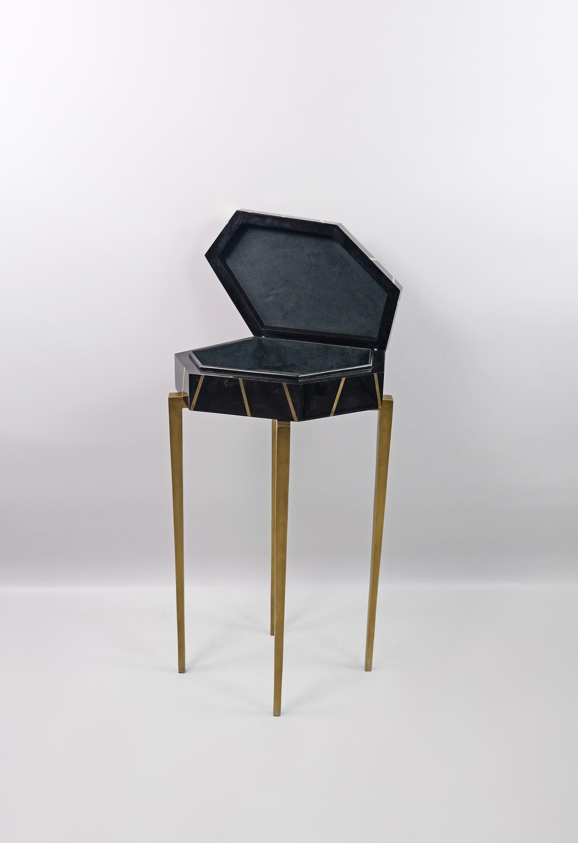 Futurist Polygonal pedestal box in Black Marquetry and Brass by Ginger Brown For Sale
