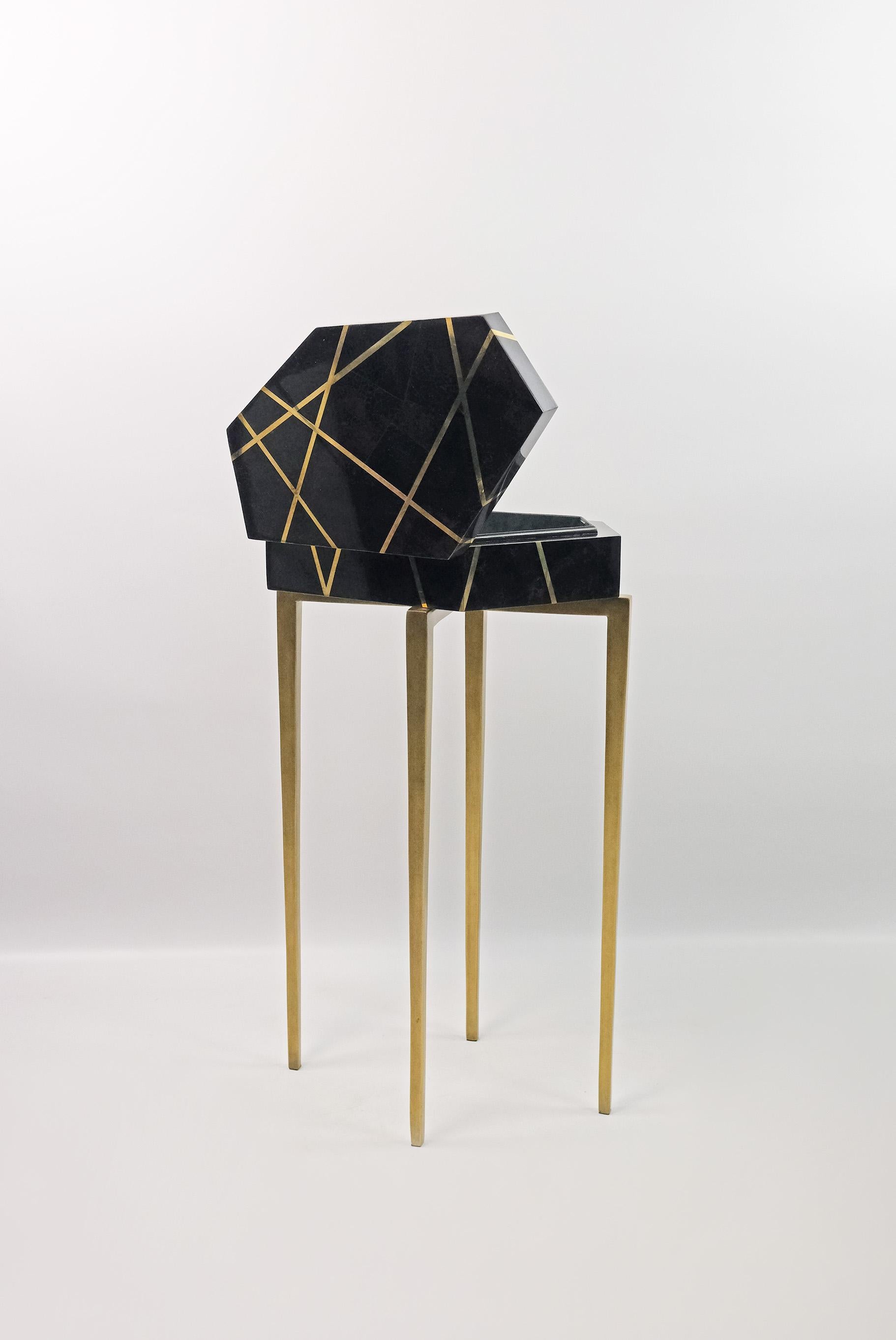 French Polygonal pedestal box in Black Marquetry and Brass by Ginger Brown For Sale