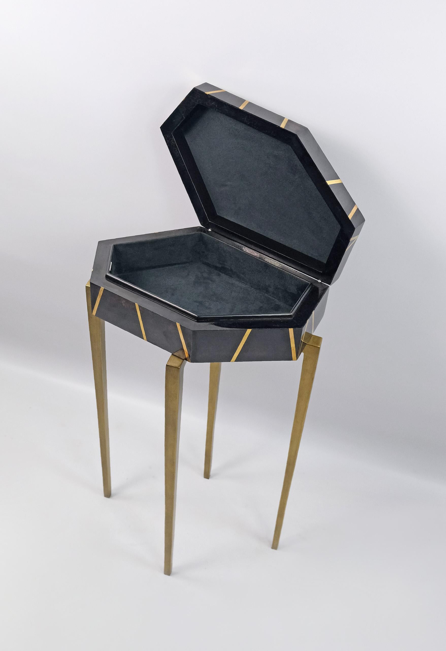 Contemporary Polygonal pedestal box in Black Marquetry and Brass by Ginger Brown For Sale