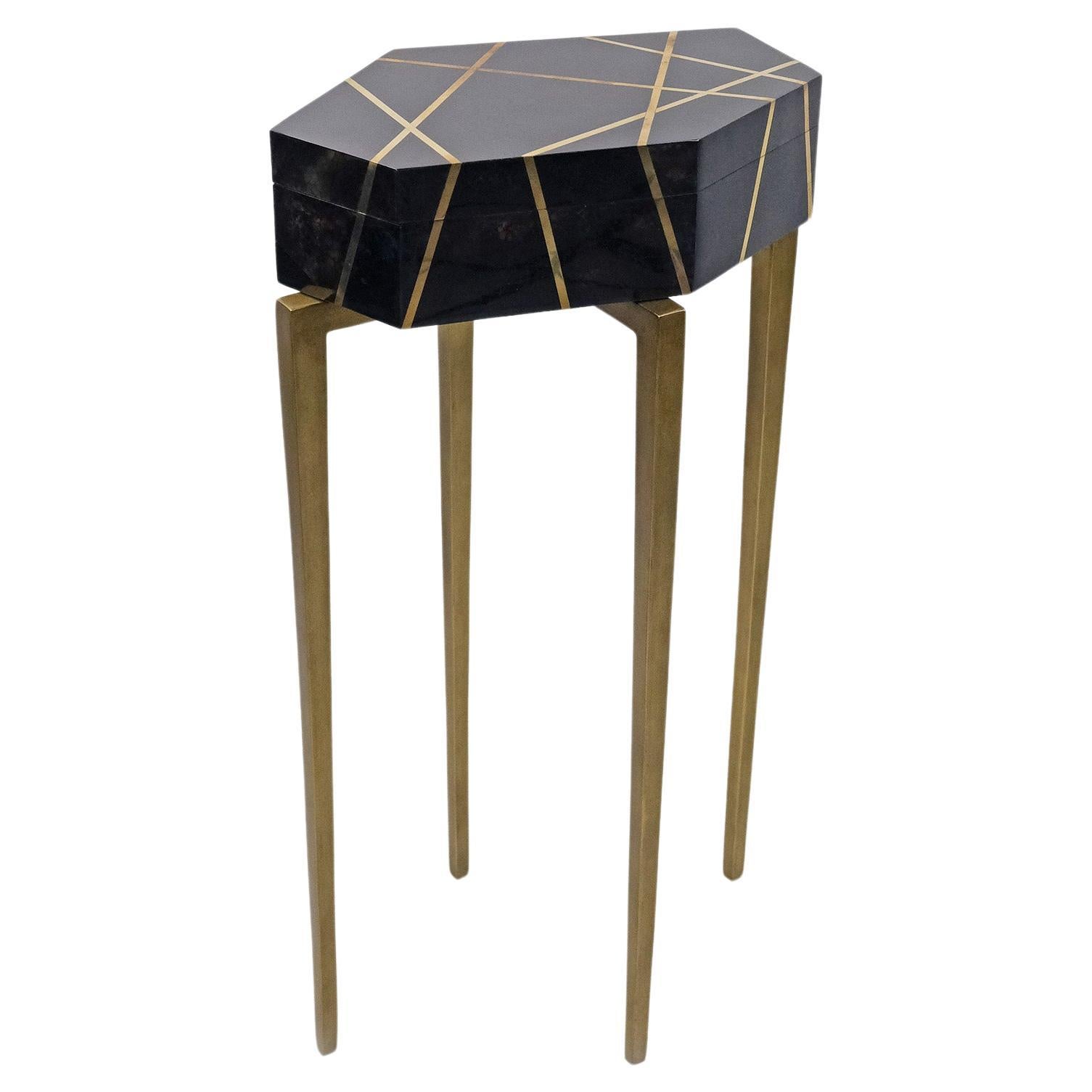 Polygonal pedestal box in Black Marquetry and Brass by Ginger Brown For Sale