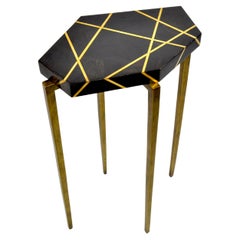 Polygonal Side Table in Black Marquetry and Brass by Ginger Brown