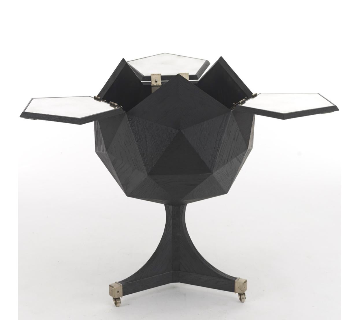 Mid-Century Modern Polyhedron Bar Cart in Oak & Nickel After Ico Parisi For Sale