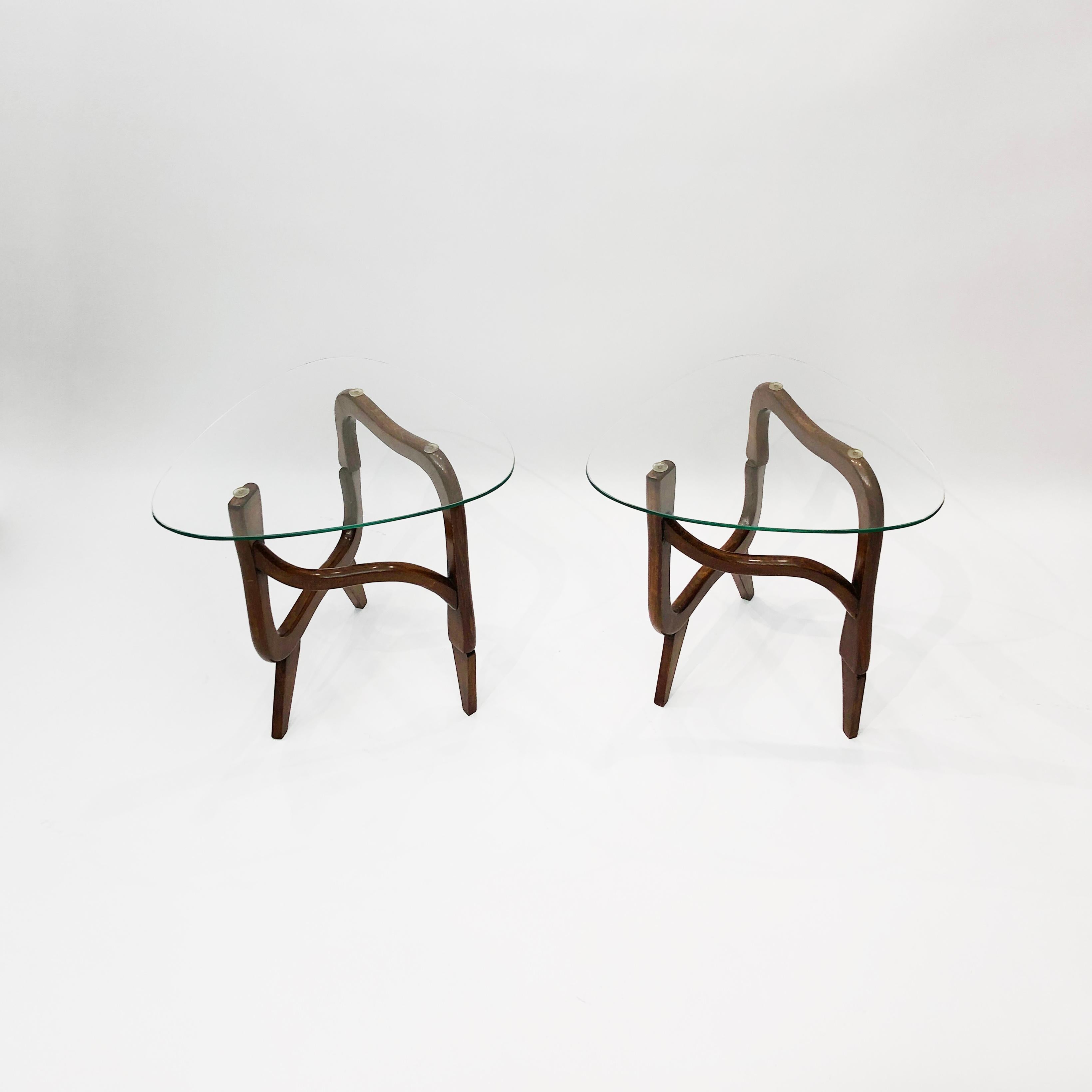 Mid-Century Modern Polymorphic Teak Glass Side Tables 1950s Midcentury Italian Vintage Wood Glass