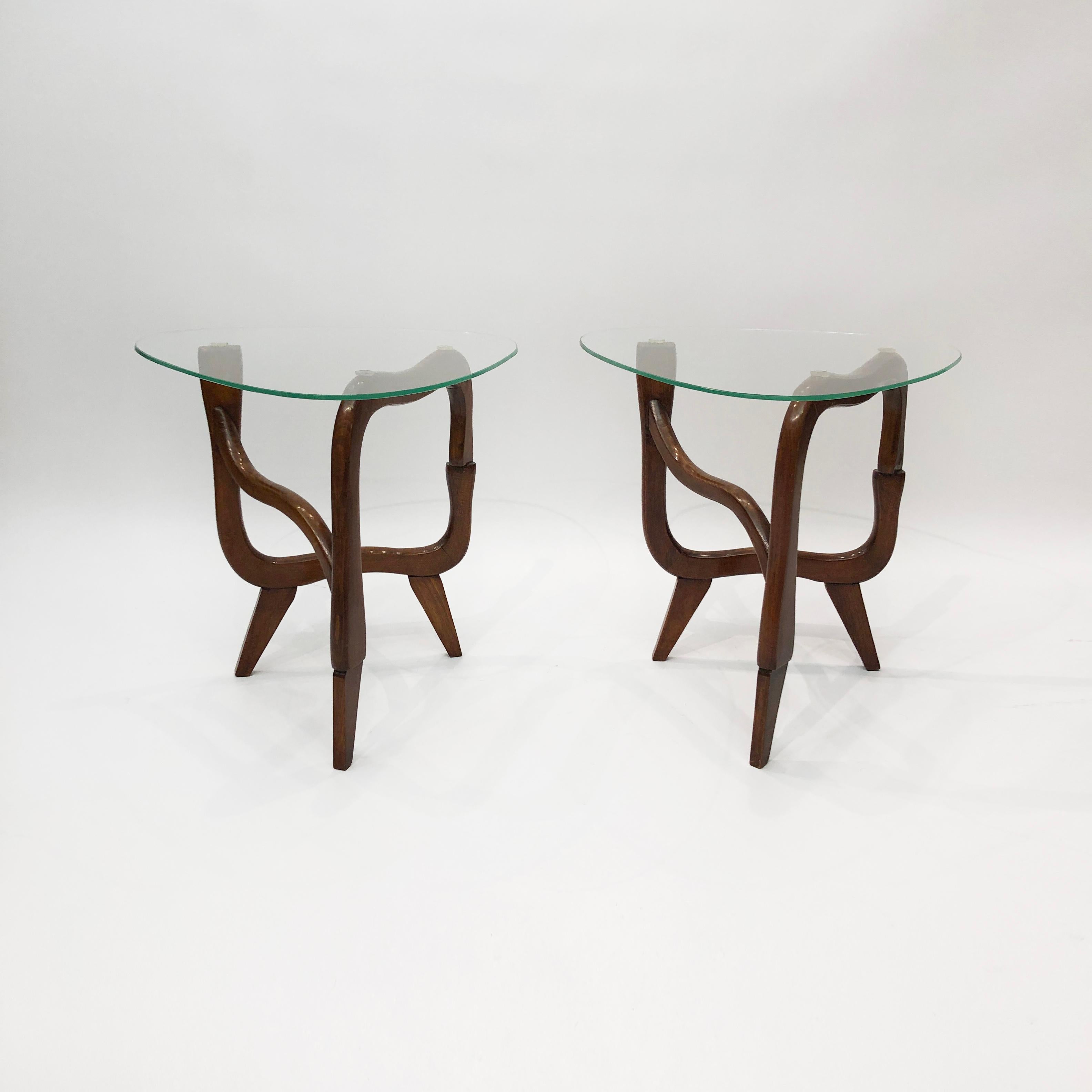 Polymorphic Teak Glass Side Tables 1950s Midcentury Italian Vintage Wood Glass 1