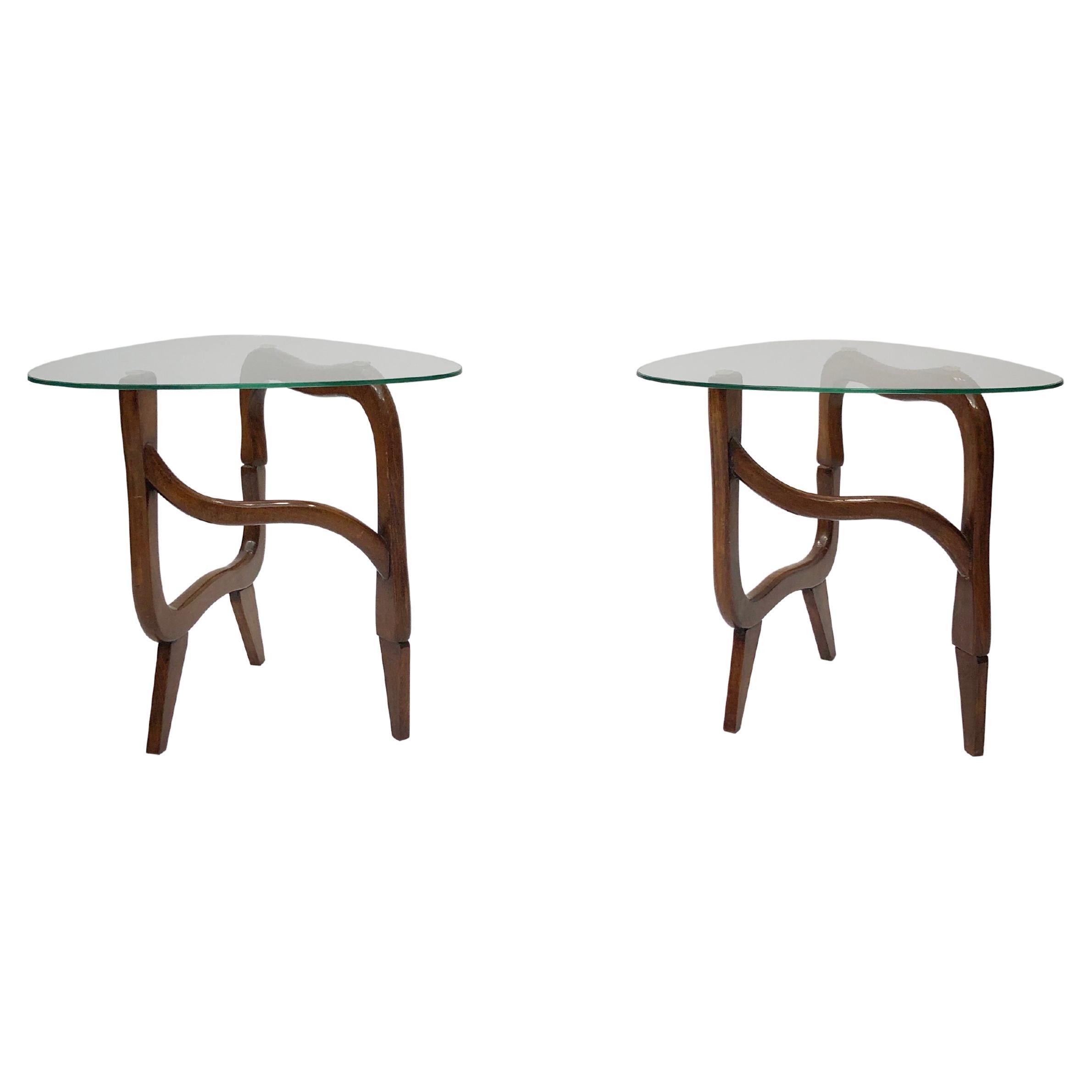 Polymorphic Teak Glass Side Tables 1950s Midcentury Italian Vintage Wood Glass