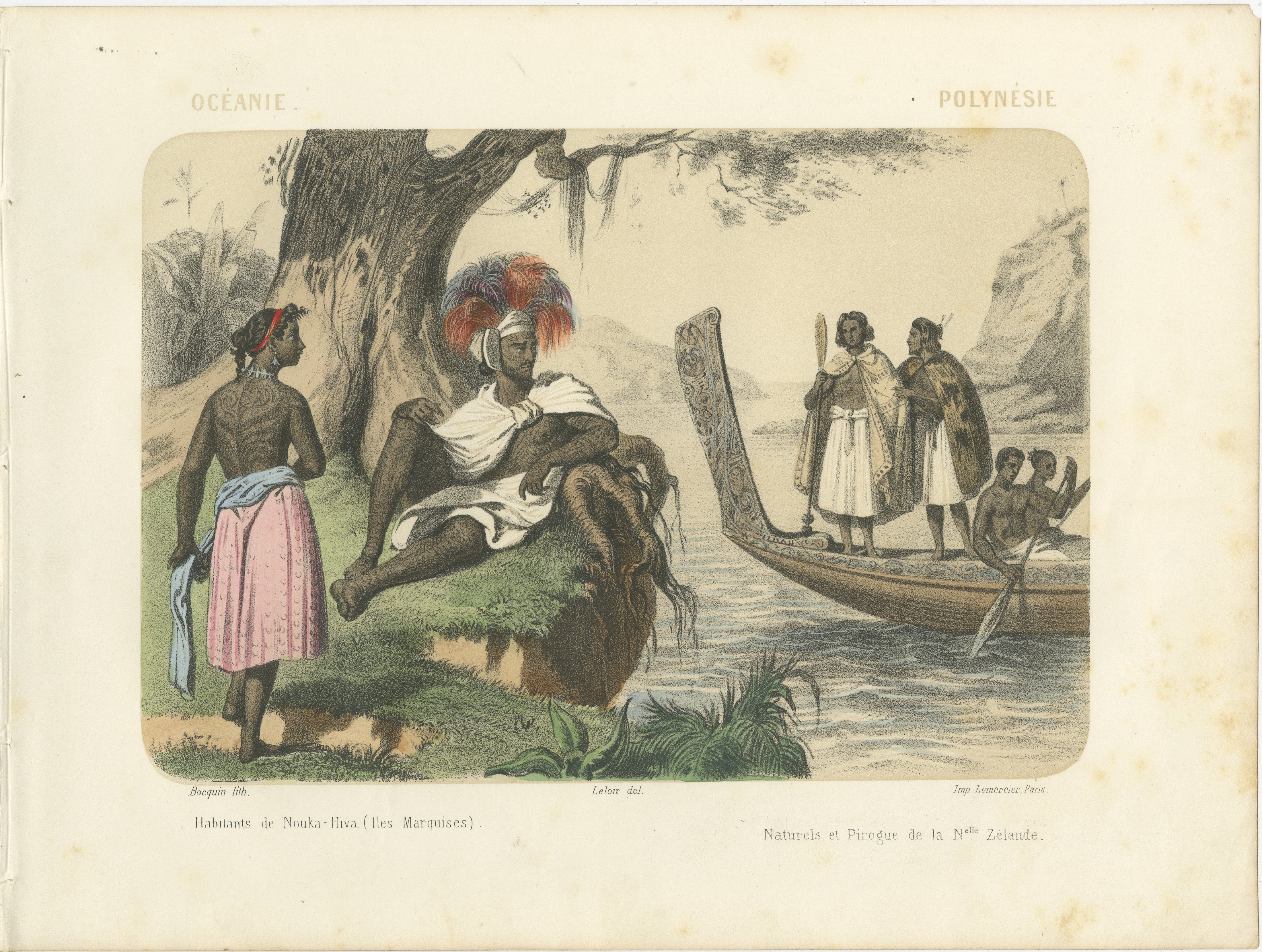 Polynesische und Maori-Figuren - Einwohner von Nuku Hiva und New Zealand Cano, um 1845

Diese wunderschöne handkolorierte Lithografie mit dem Titel 