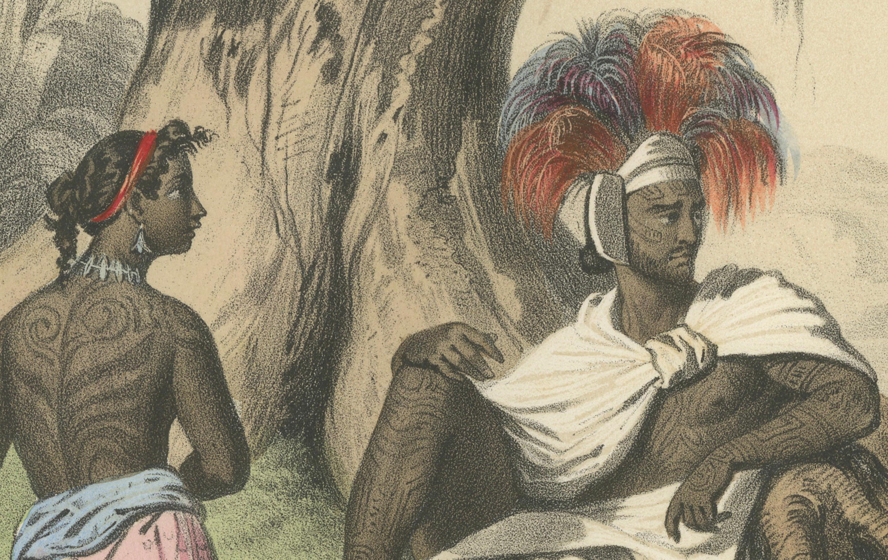 Polynesische und Maori-Figuren - Bewohner von Nuku Hiva &New Zealand Cano 1845 im Zustand „Gut“ im Angebot in Langweer, NL