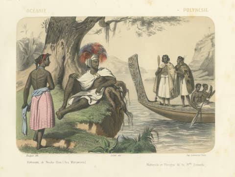 Polynesian and Maori Figures – Inhabitants of Nuku Hiva & New Zealand Canoe 1845