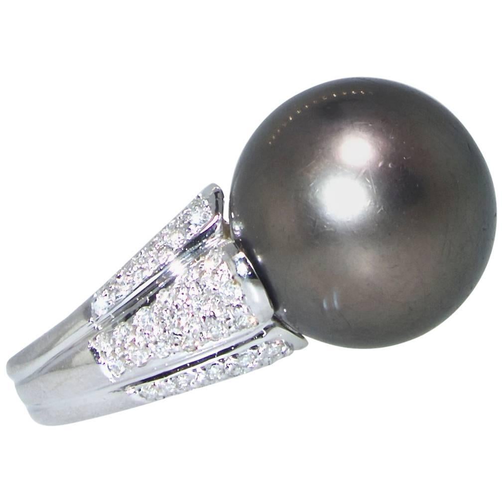 Polynesian Black Pearl and Diamond Ring