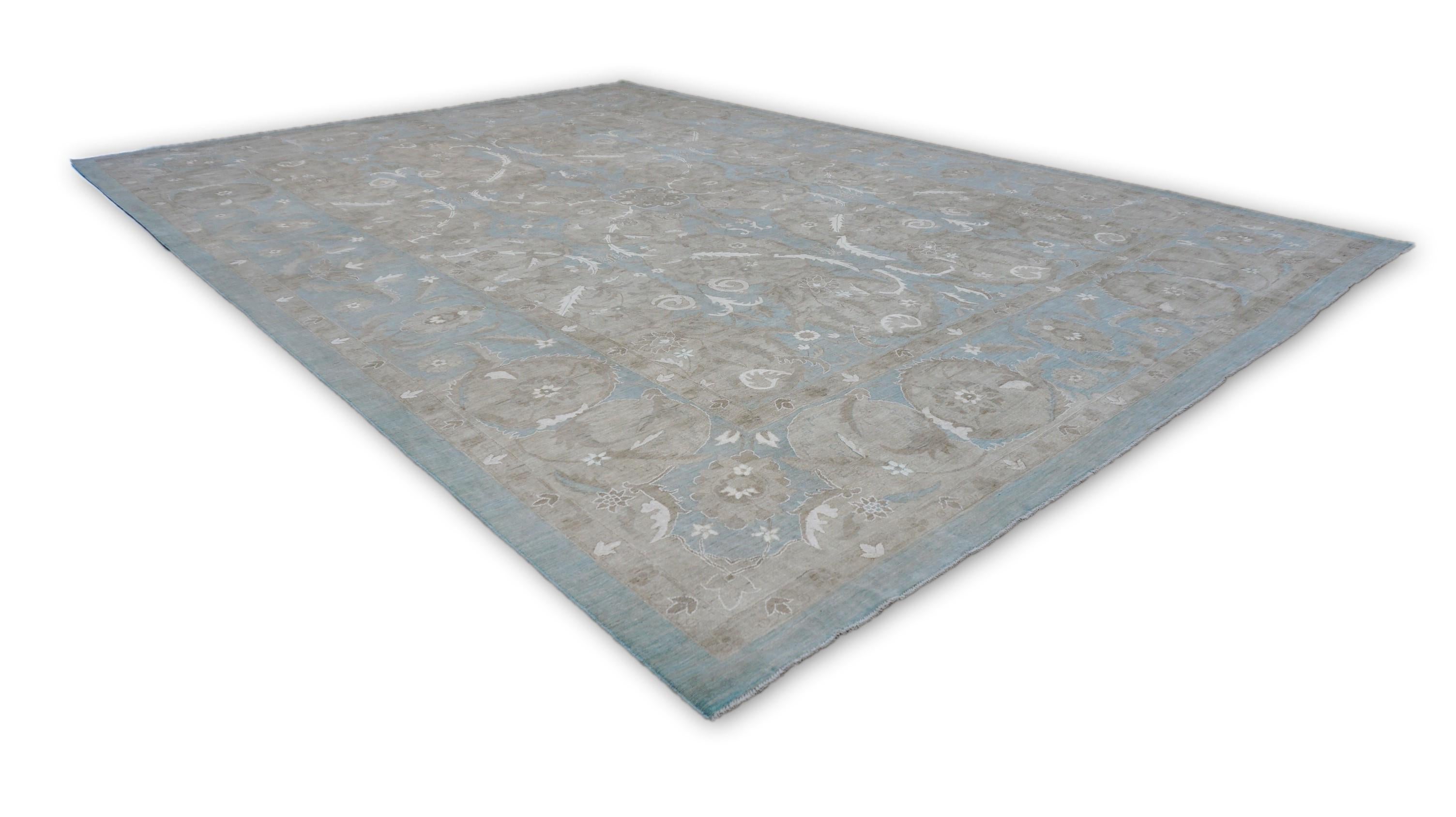 Azul Polinesio Bronceado  Alfombra fina de lana y seda 9'9''x13'8'' Anudado a mano en venta