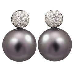 Polynesian Grey Pearl Stud Earrings with Pave White Diamonds