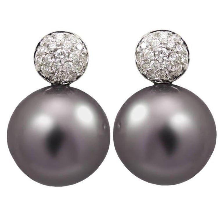 Polynesian Grey Pearl Stud Earrings With Pave White Diamonds For Polynesian Grey Pearl Stud Earrings With Pave White Diamonds For