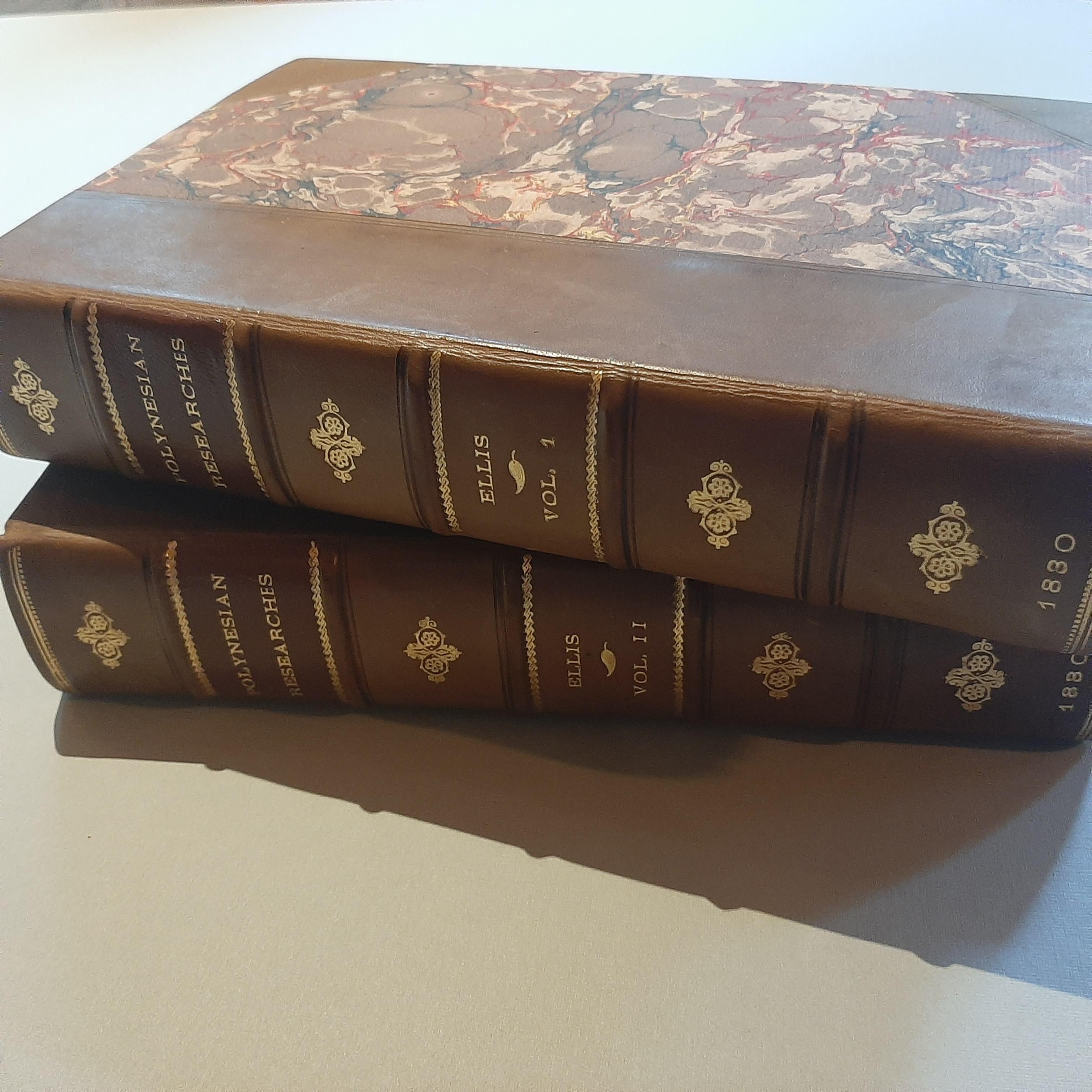 Two volumes 'Polynesian Researches, during a Residence of Nearly Six Years in the South Sea Islands' by William Ellis. Second edition, 2 engraved maps, one folding, 8 engraved plates, tissue guards, wood-engraved illustrations, light marginal foxing