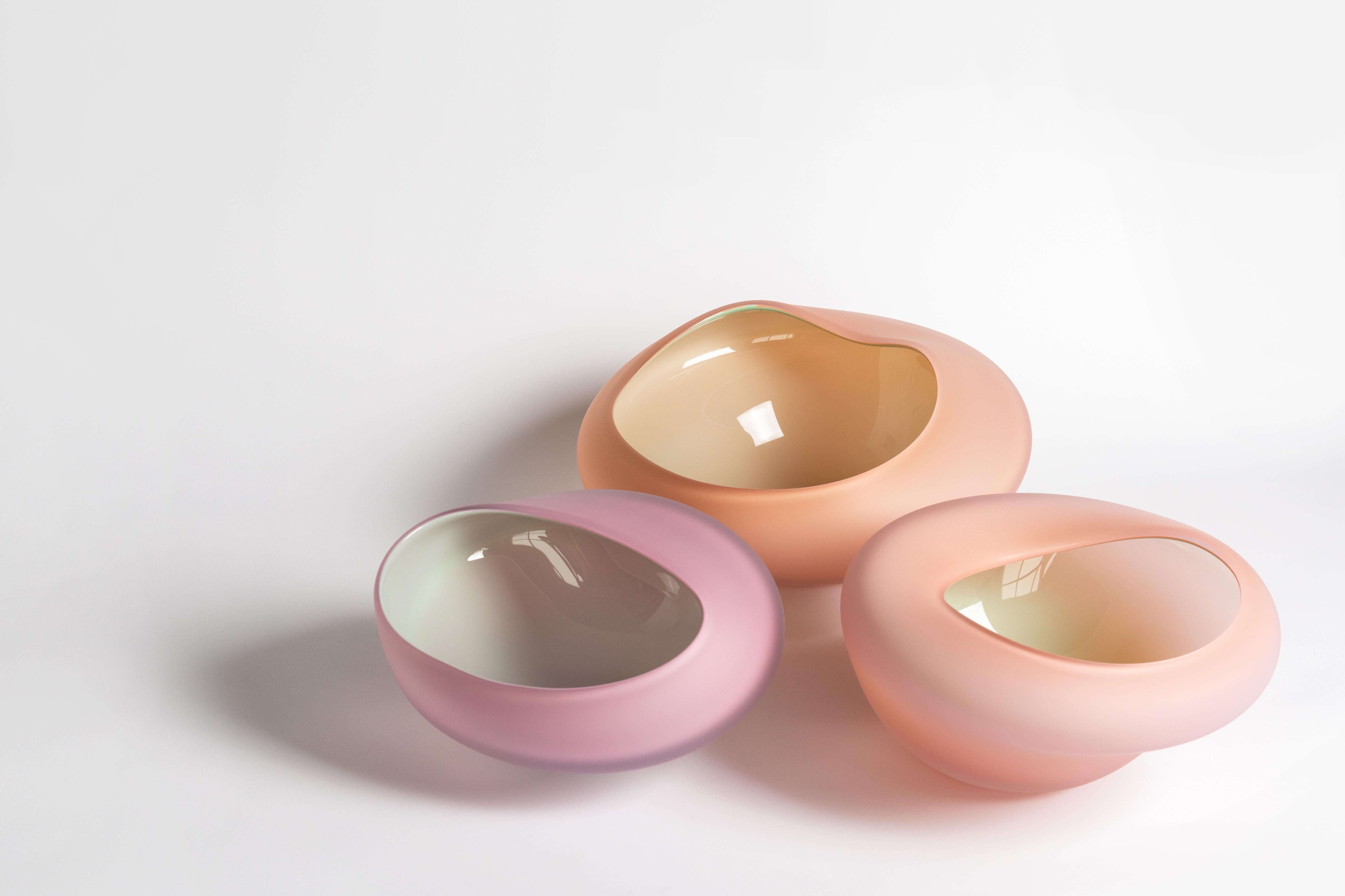 Polypore Small Bowl by David Valner
Dimensions: D 22 x W 27 x H 13 cm.
Materials: Hand-crafted glass.
Weight: 2 kg.
Finish: Small size, Pink and mint, and matte surface.

In the world of poroid fungi, polypores coexist with the boletus from which it