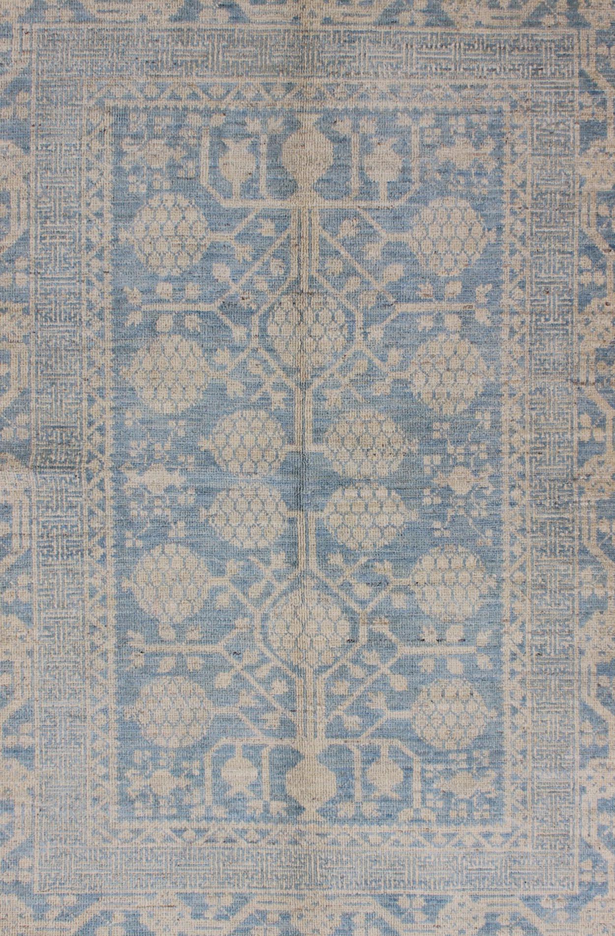 Hand-Knotted Pomegranate Design Modern Khotan Rug in Light Blue and Cream For Sale