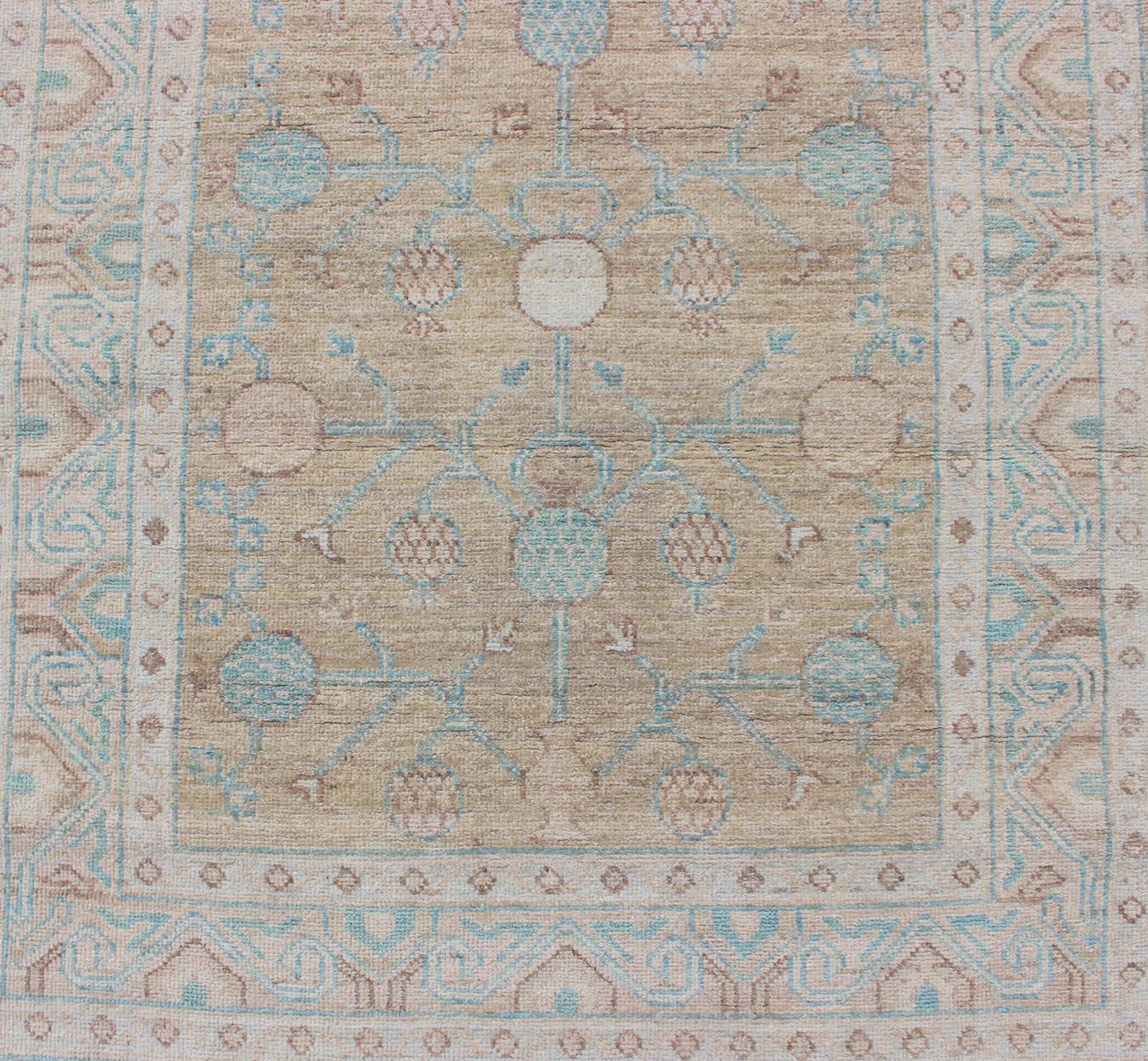 Wool Pomegranate Khotan Design Long Runner in Soft Gold & L. Blue & Geometric Border For Sale