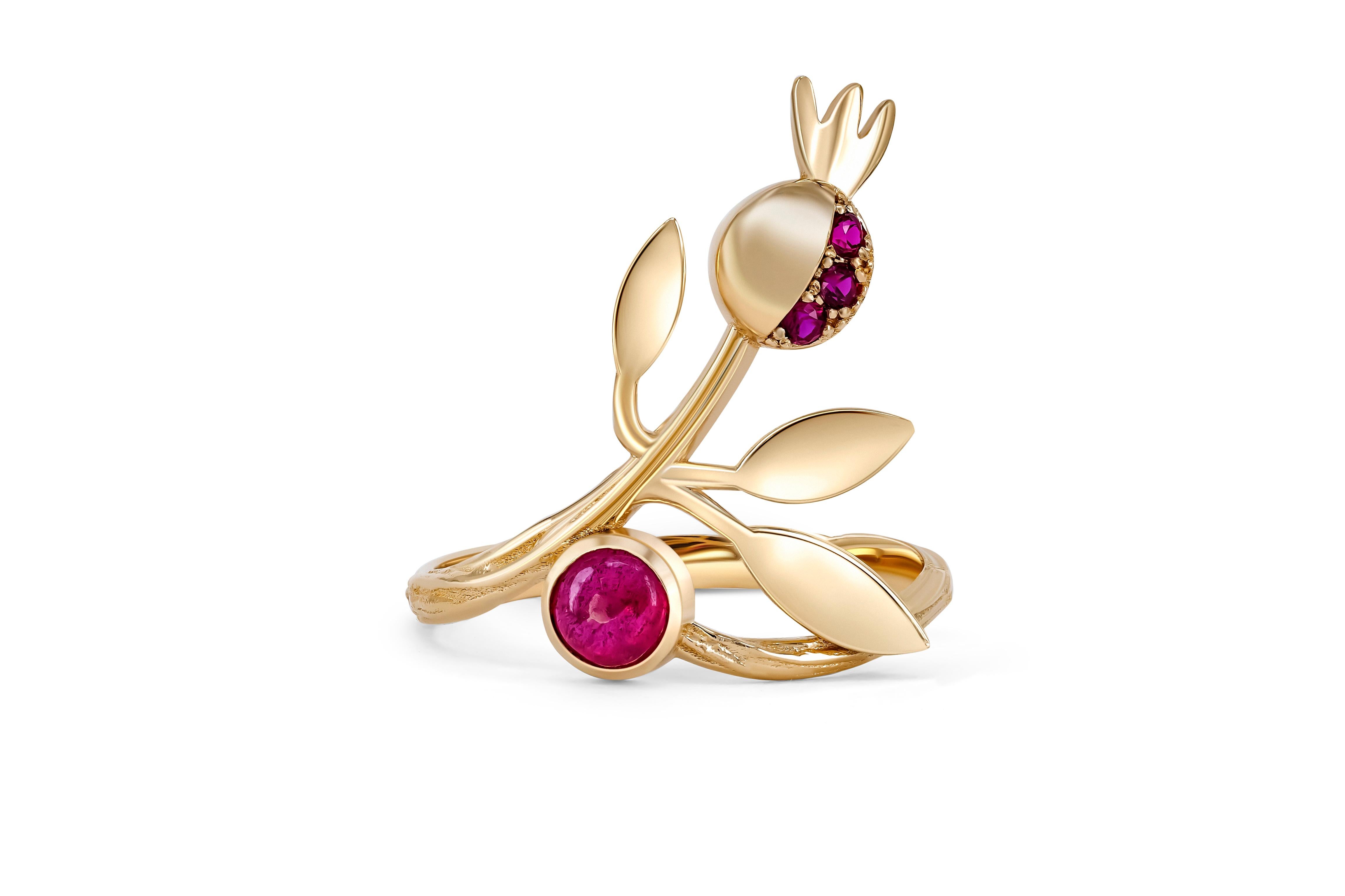Pomegranate ruby ring. 
Cabochon ruby 14k gold ring. Statement ruby ring. July birthstone ring. Flower gold ring. Gold Fruit ring.

Metal: 14k gold
Weight: 2.15 g. depends from size.

Set with ruby, color - red
Cabochon cut, 0.30 ct. in total, 3.5