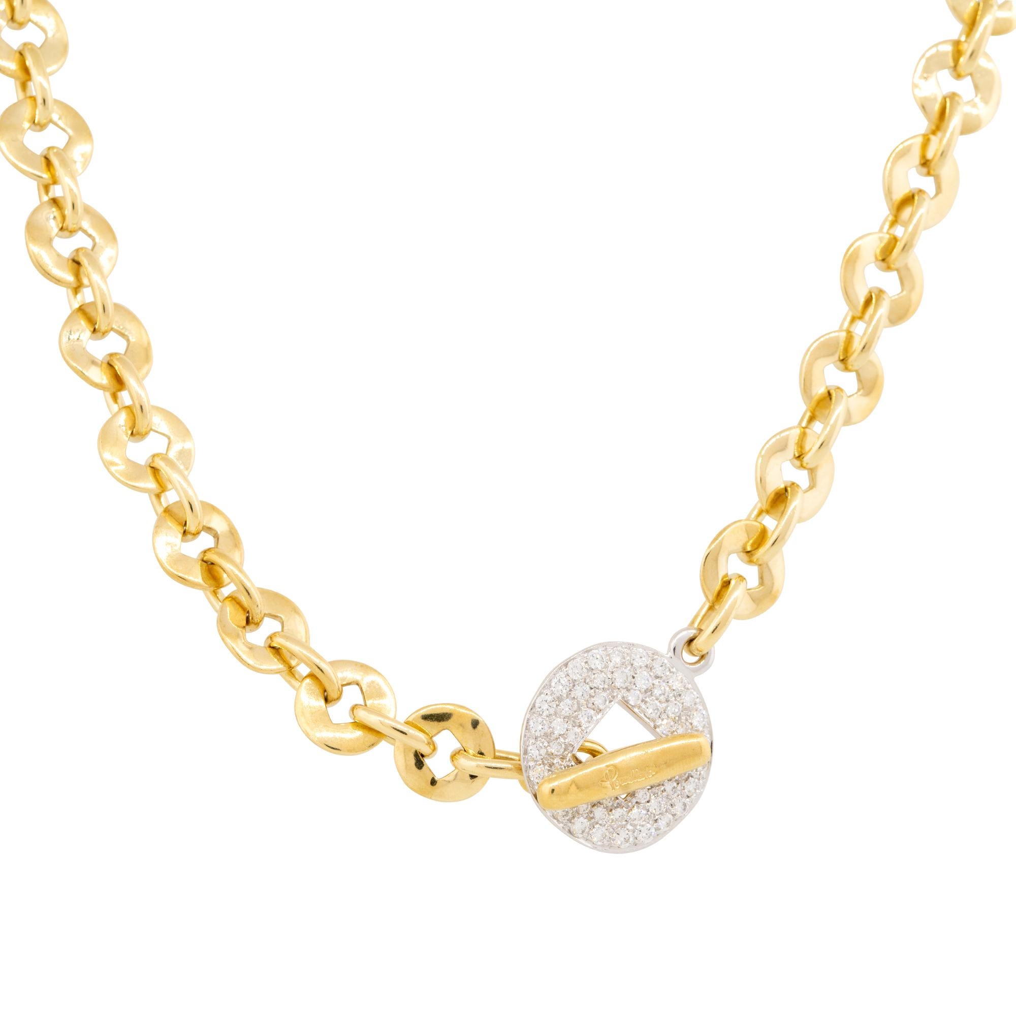With 1 carat of near colorless diamonds, this beautiful diamond disk chain necklace shines from a mile away. This necklace consists of 1 diamond set round disk and is set in 18 karat yellow gold. This necklace gives off a big look and would make an