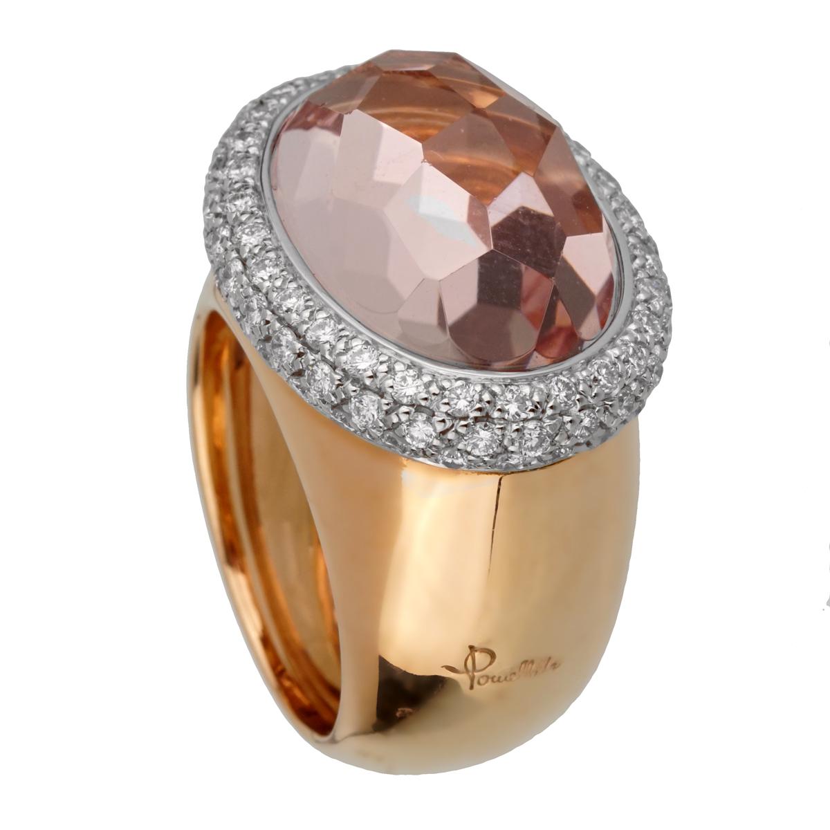 A magnificent brand new Pomellato ring showcasing a 13.40ct Morganite stone wrapped by 1.20 ct of round brilliant cut diamonds in 18k rose gold. The ring measures a size 6.5 and can be resized.

Pomellato Retail Price: $14,500
Sku: 2447
