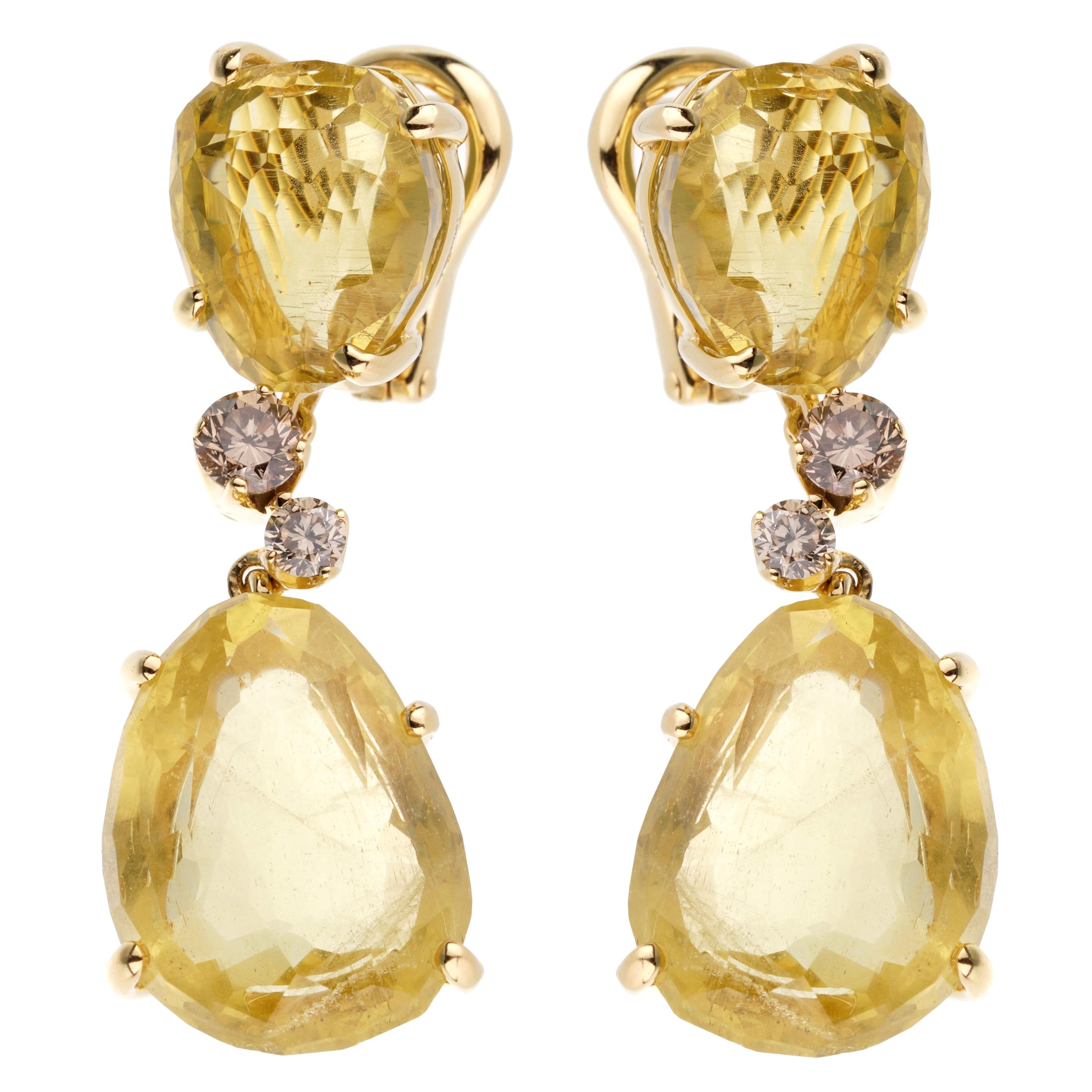 Orecchini a goccia di quarzo limone champagne e diamanti di Pomellato 12ct