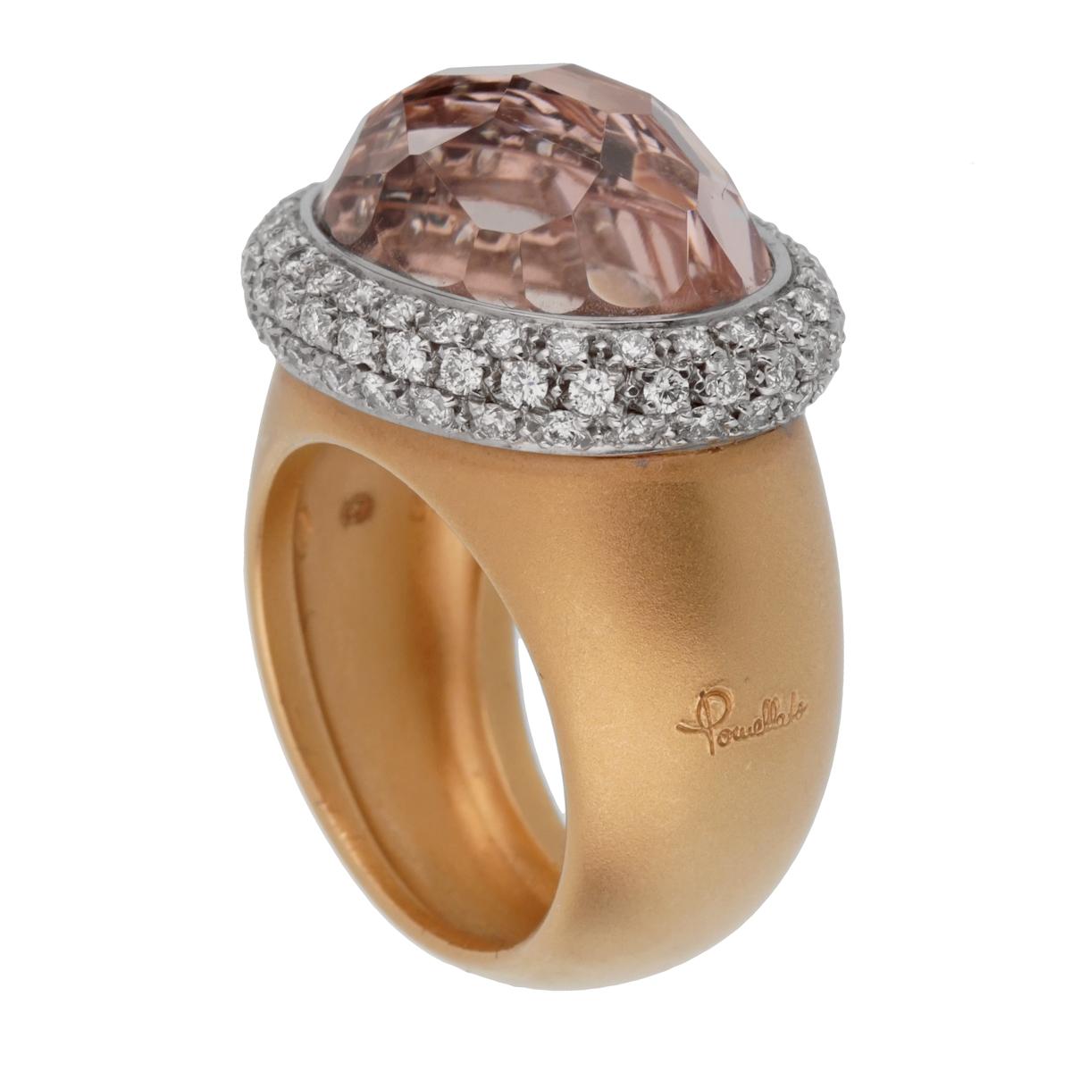 A magnificent brand new Pomellato ring showcasing a 13.40ct Morganite stone wrapped by 1.11ct of round brilliant cut diamonds in 18k rose gold. The ring measures a size 7 and can be resized.

Pomellato Retail Price: $14,700
Sku: 2432