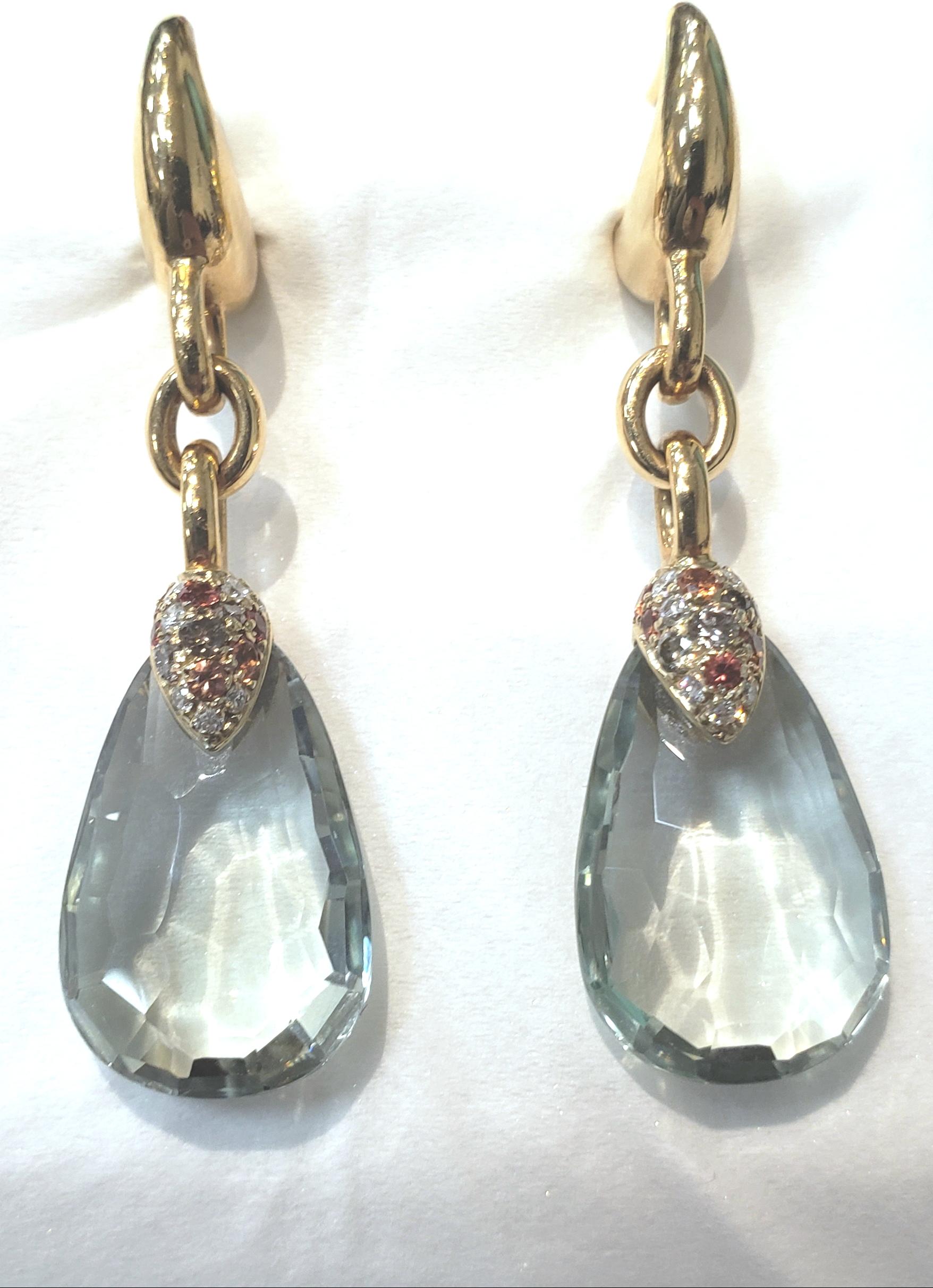 Pomellato 18 Karat Gold and Prasiolite Earrings with Diamond and Sapphires For Sale 5