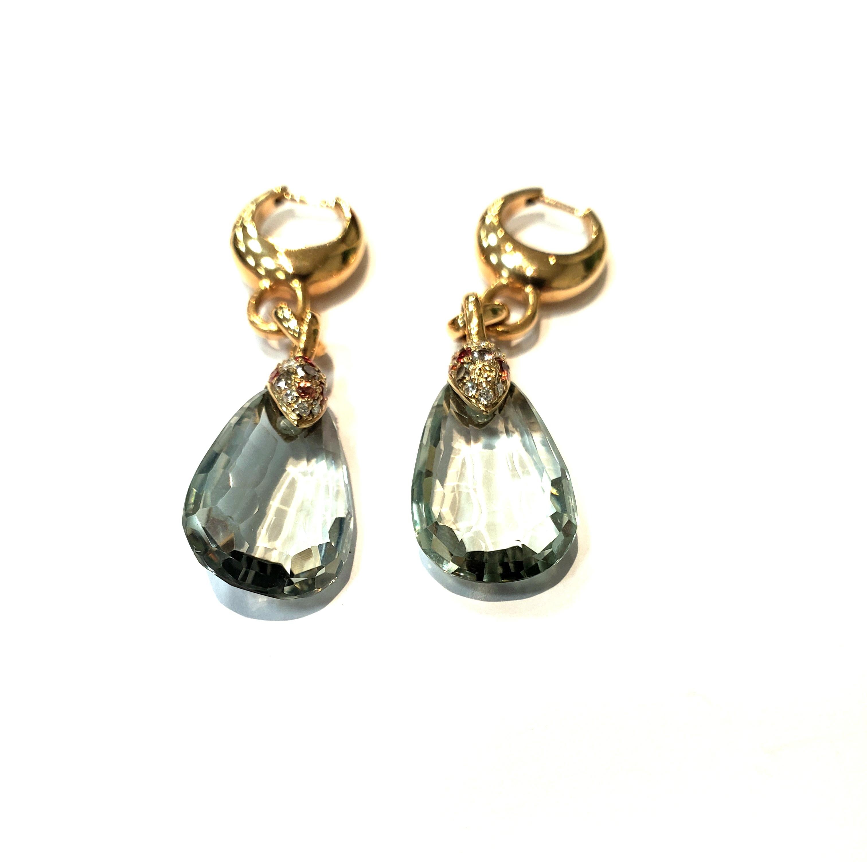 Contemporary Pomellato 18 Karat Gold and Prasiolite Earrings with Diamond and Sapphires For Sale