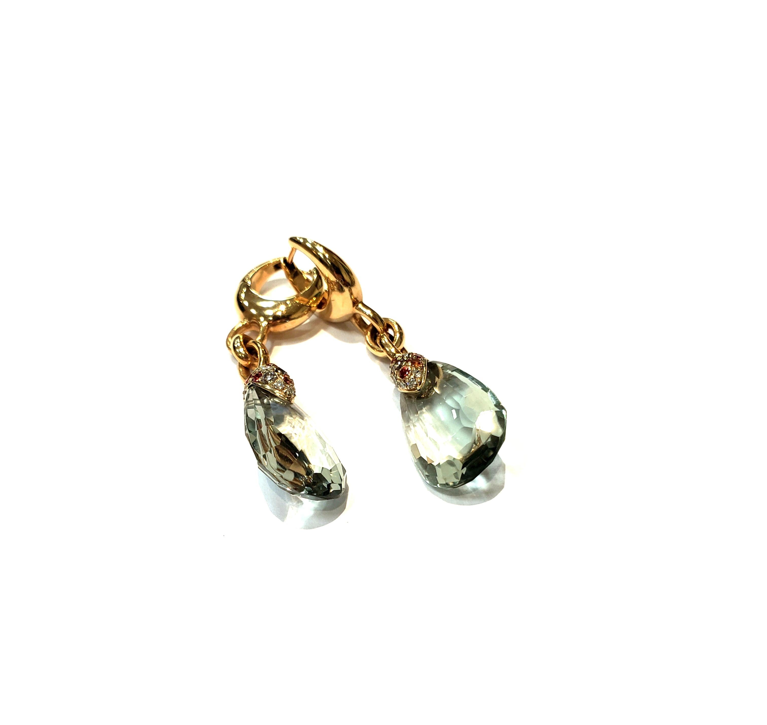 Pear Cut Pomellato 18 Karat Gold and Prasiolite Earrings with Diamond and Sapphires For Sale