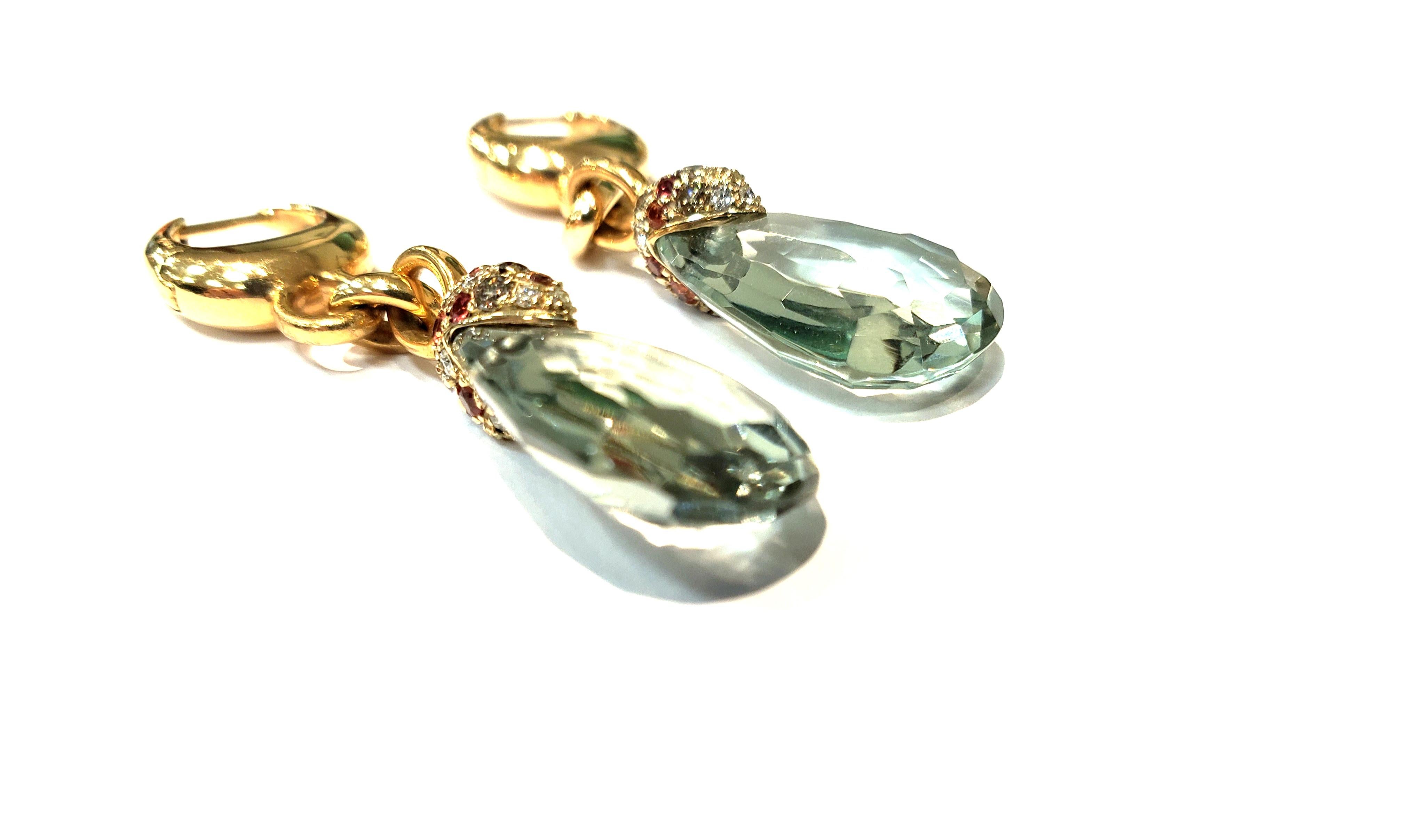 Pomellato 18 Karat Gold and Prasiolite Earrings with Diamond and Sapphires For Sale 3