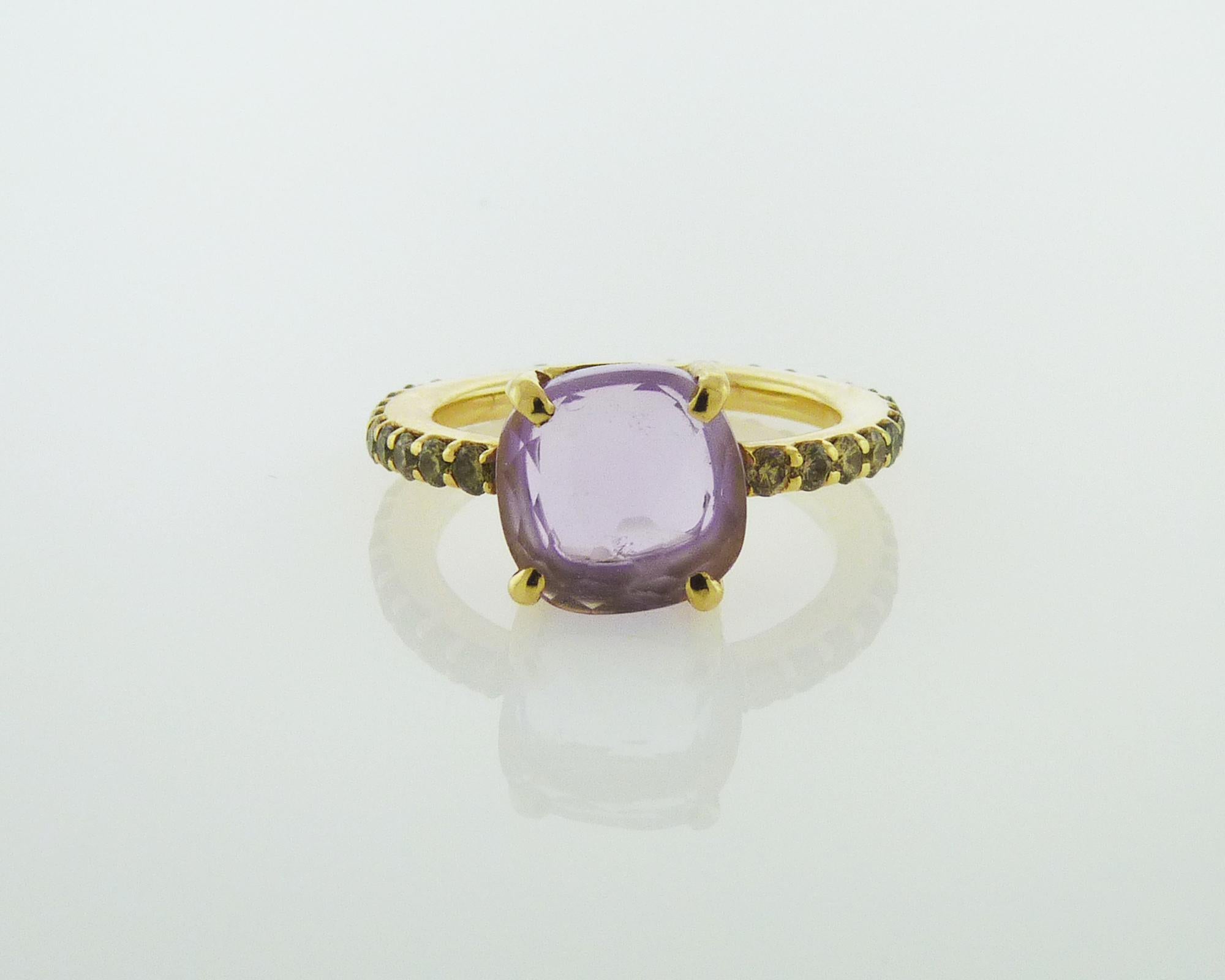 Beautiful ring created by Pomellato embellished with 3.50 carat cushion shape amethyst, 0.85 carat round yellow diamonds, clarity VS-SI. 

Weight of the ring is 4.50 grams.
Size 7.

Signed Pomellato.