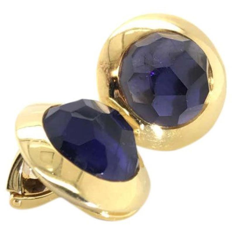 Contemporary Pomellato 18 Karat Yellow Gold and Faceted Iolite Ear Clips For Sale