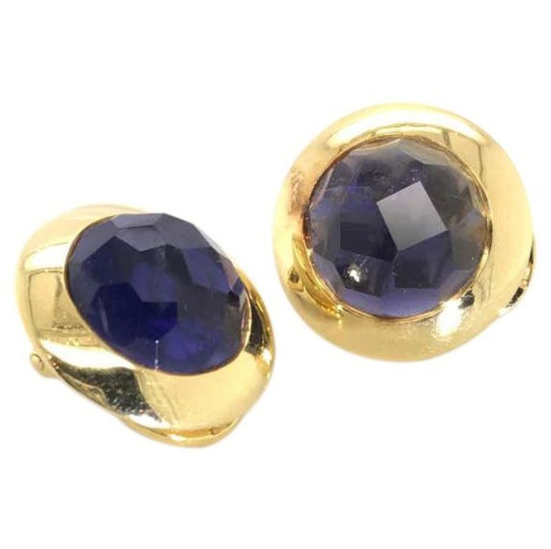 Round Cut Pomellato 18 Karat Yellow Gold and Faceted Iolite Ear Clips For Sale