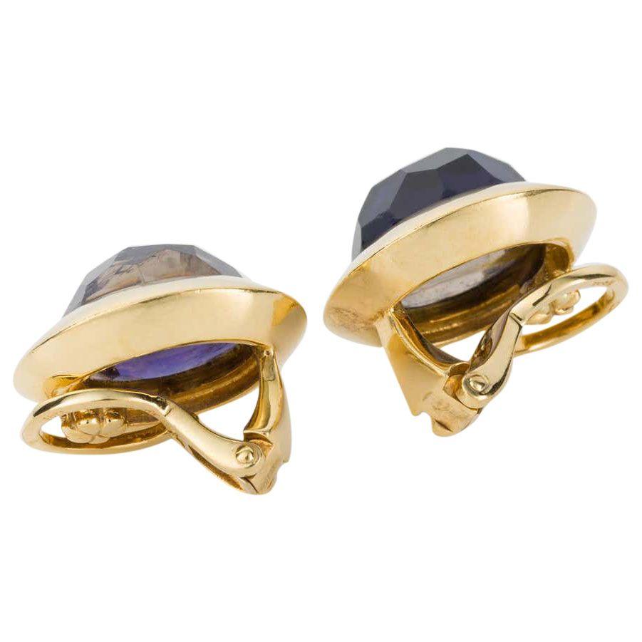 Pomellato 18 Karat Yellow Gold and Faceted Iolite Ear Clips For Sale 2