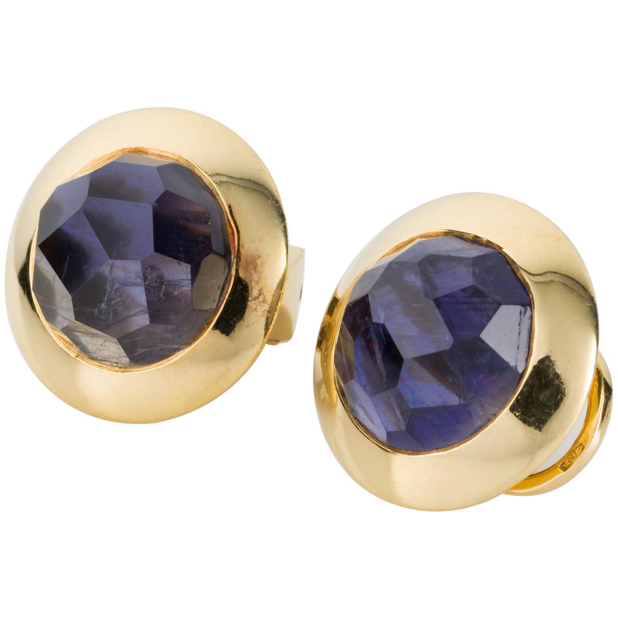 Pomellato 18 Karat Yellow Gold and Faceted Iolite Ear Clips For Sale