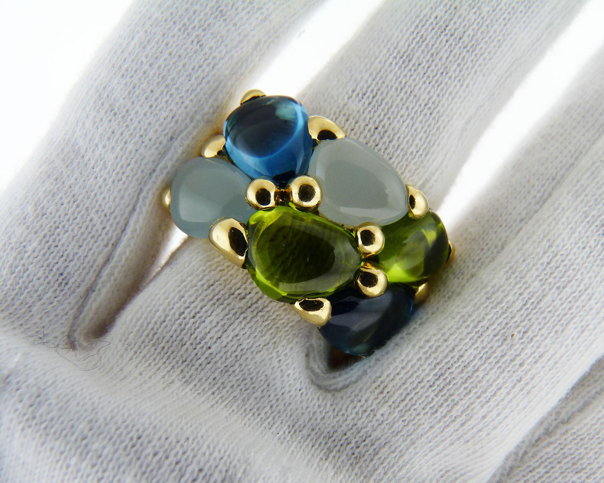 Pomellato 18 Karat Yellow Gold Peridot Topaz and Aquamarine Ring In Excellent Condition In New York, NY