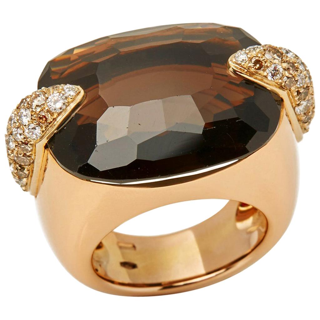 Pomellato 18 Karat Yellow Gold Smoky Quartz and Diamond Cocktail Ring
