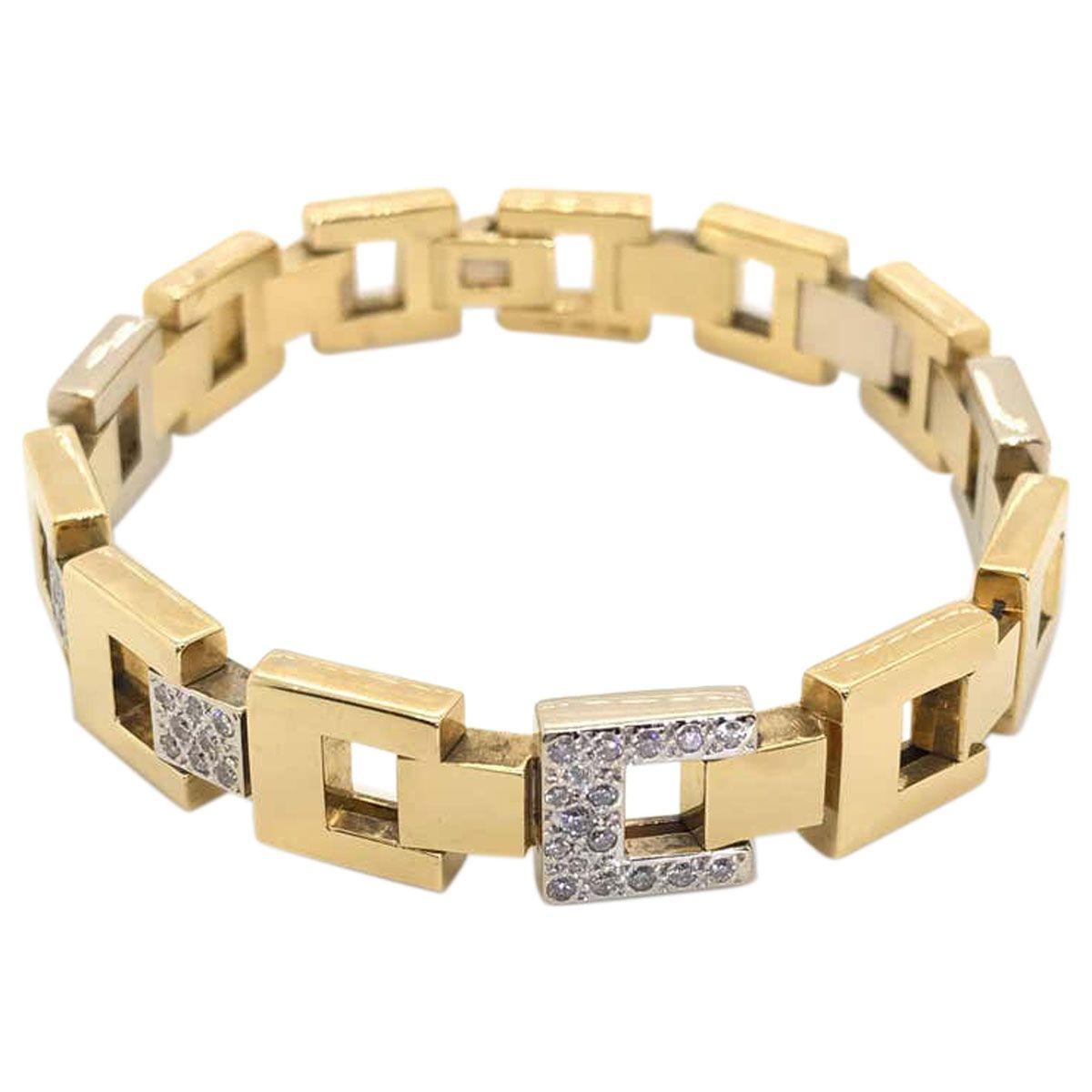 Contemporary Pomellato 18 Karat Yellow Gold & White Gold Square Link Diamond Bracelet For Sale
