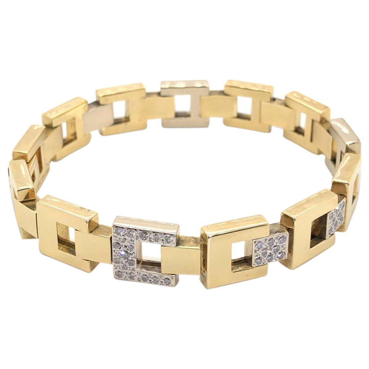 Round Cut Pomellato 18 Karat Yellow Gold & White Gold Square Link Diamond Bracelet For Sale
