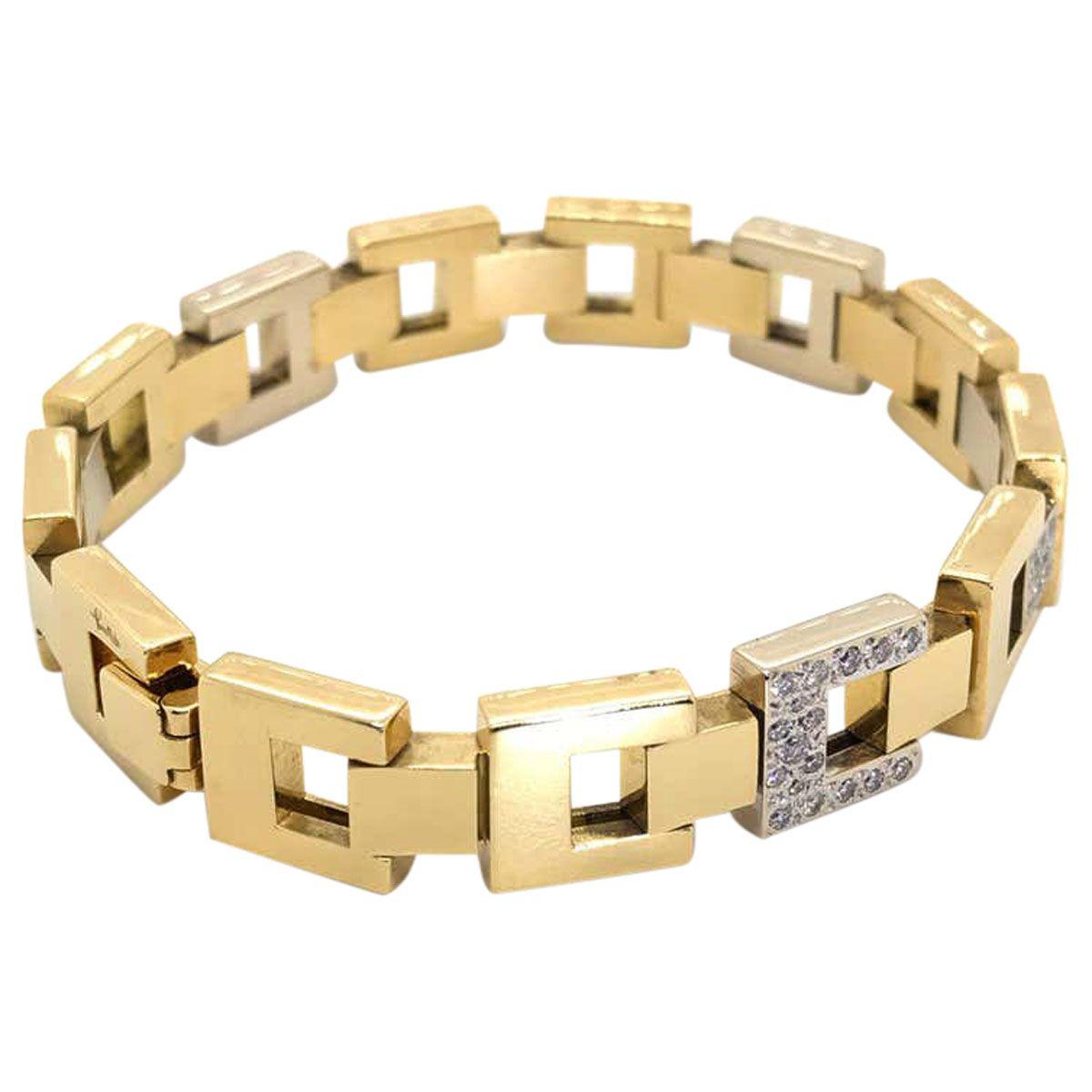 Women's or Men's Pomellato 18 Karat Yellow Gold & White Gold Square Link Diamond Bracelet For Sale