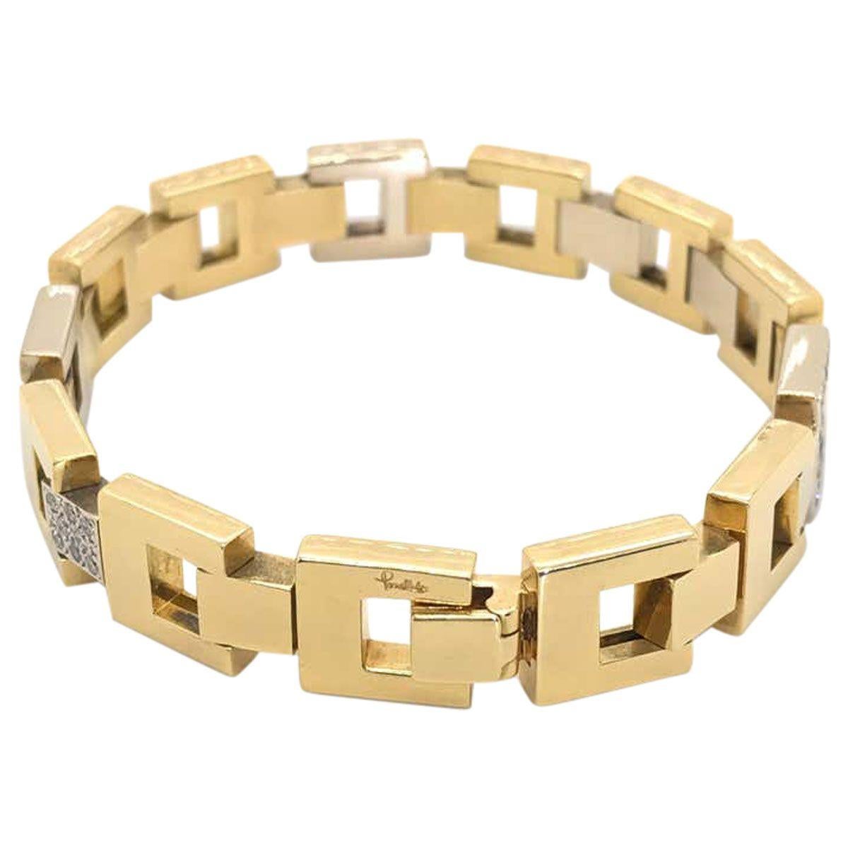 Pomellato 18 Karat Yellow Gold & White Gold Square Link Diamond Bracelet For Sale 1