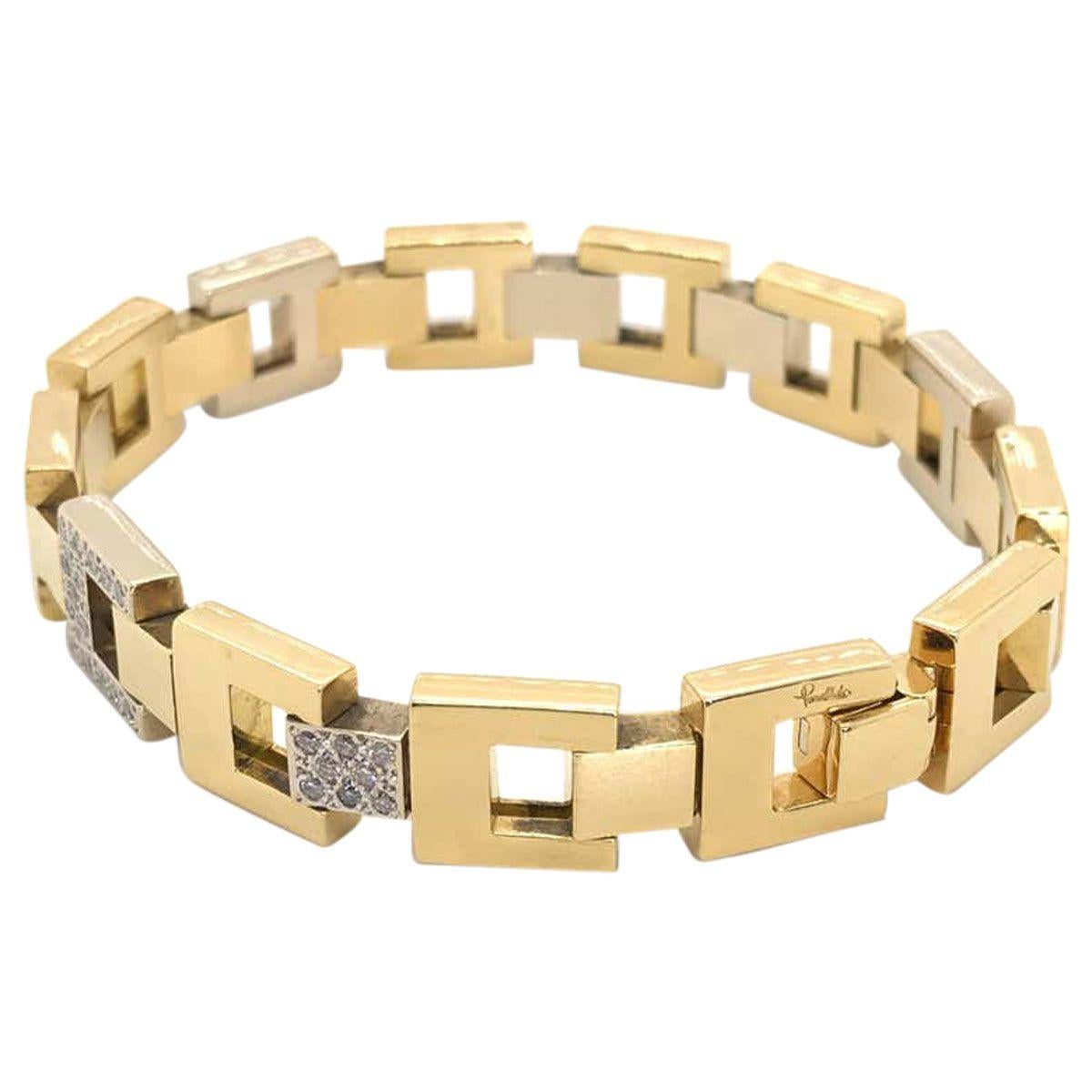 Pomellato 18 Karat Yellow Gold & White Gold Square Link Diamond Bracelet For Sale 3