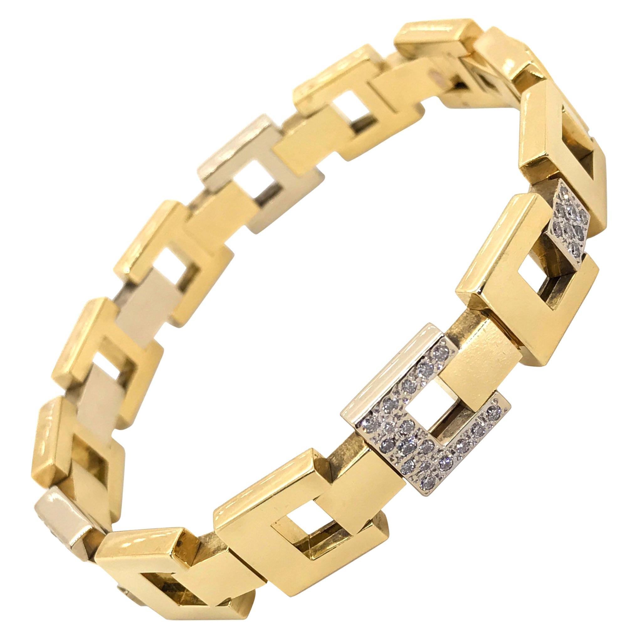 Pomellato 18 Karat Yellow Gold & White Gold Square Link Diamond Bracelet For Sale