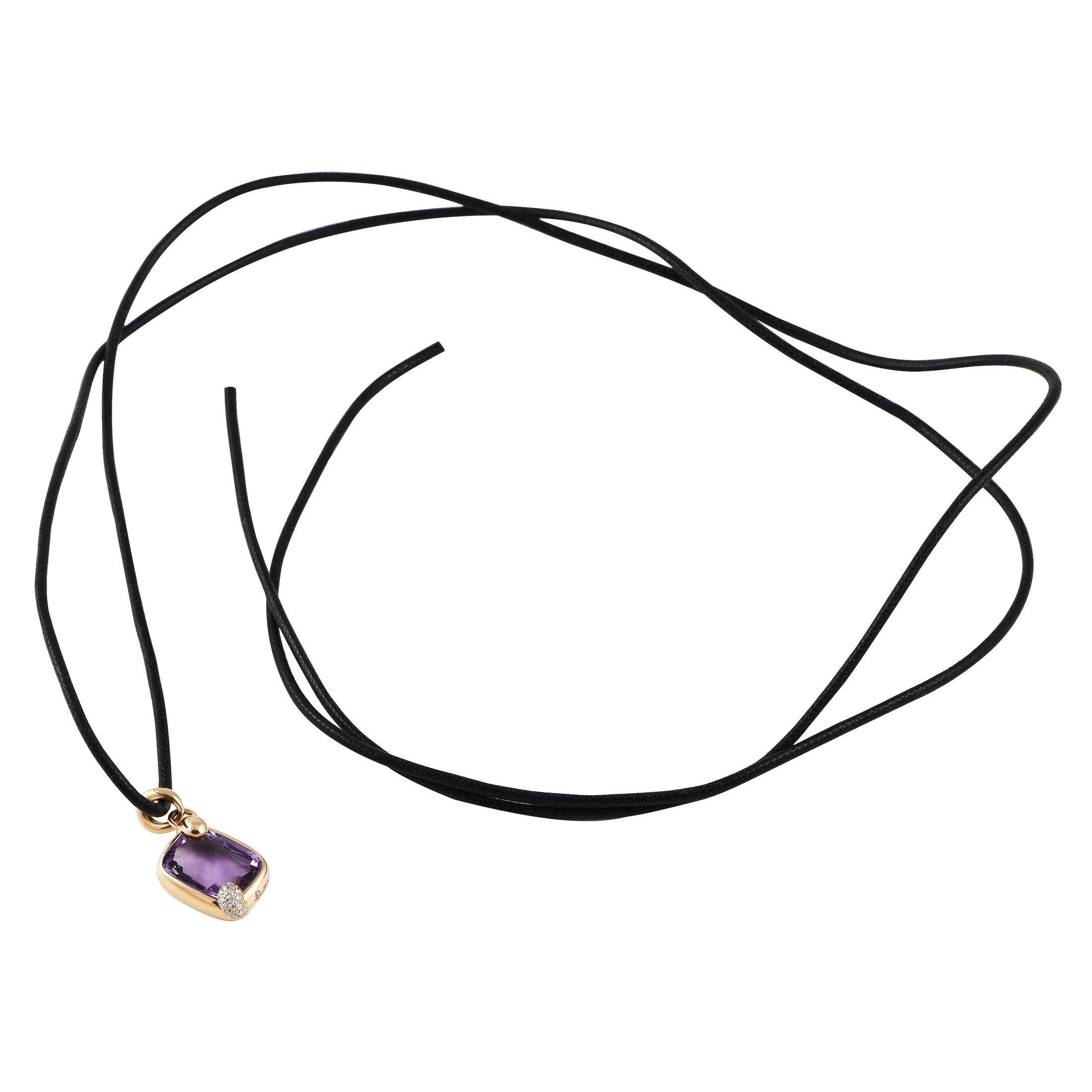 Add a graceful touch of color and sparkle to your outfit with this chic piece from Pomellato. It features a diagonally-set, rounded rectangle pendant in 18K rose gold. It is topped with a beautiful amethyst and punctuated by a petite domed dot
